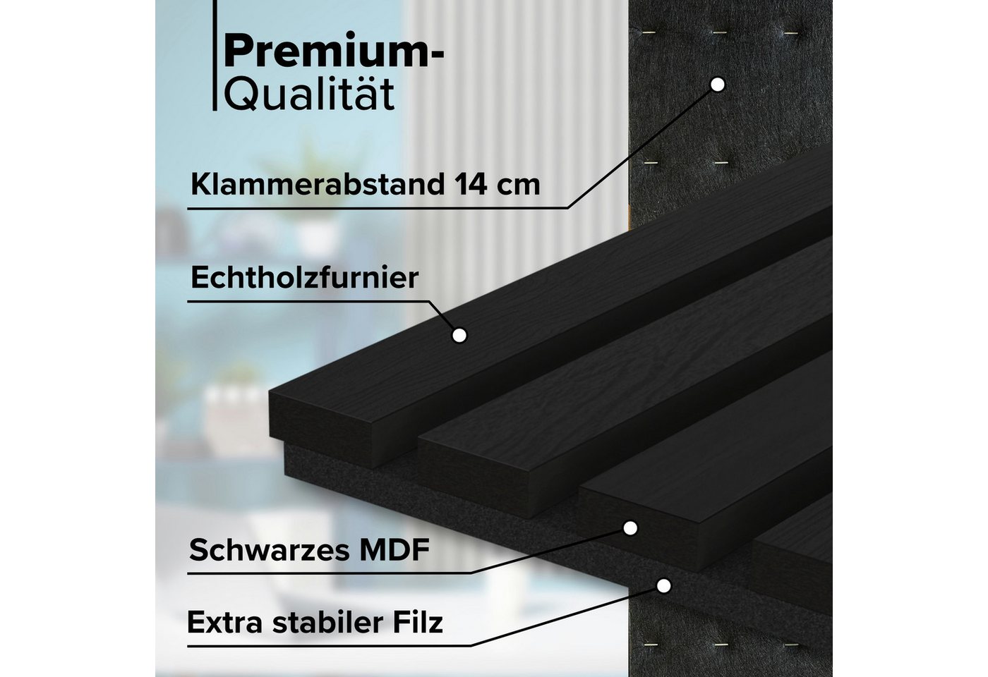 Hexim Wandpaneel, BxL: 30.5x280 cm, (Akustikpaneele 2 Stück 280x30cm Holz Grande - XXL Holzpaneele Platten Lamellen Wandverkleidung Echtholzfurnier 21mm Filz Schalldämmung MDF Schwarz 1,69m² Black Ash) Bild 4