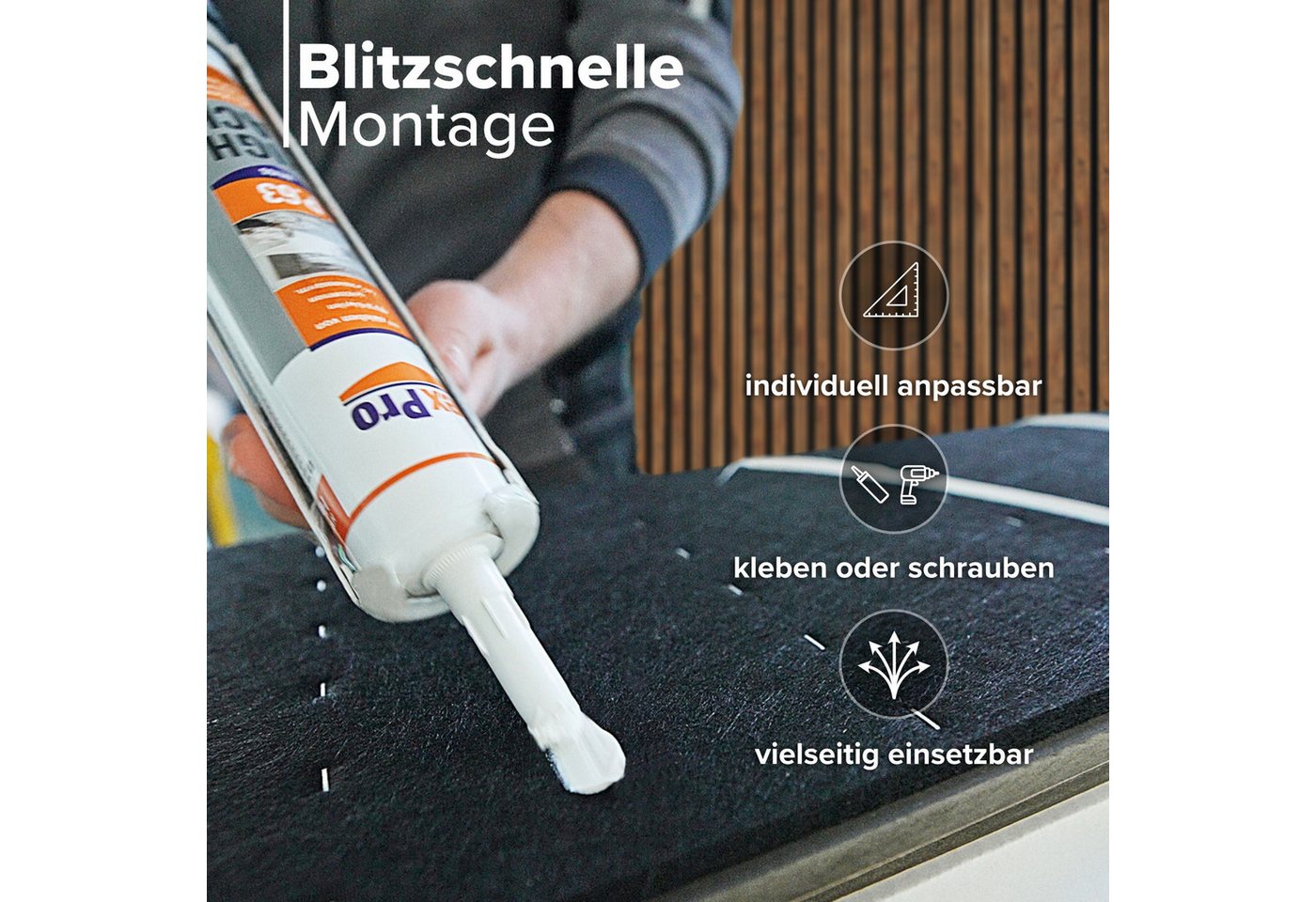 Hexim Wandpaneel, BxL: 30.5x280 cm, (Akustikpaneele 2 Stück 280x30cm Holz Grande - XXL Holzpaneele Platten Lamellen Wandverkleidung Echtholzfurnier 21mm Filz Schalldämmung MDF Schwarz 1,69m² Black Ash) Bild 5