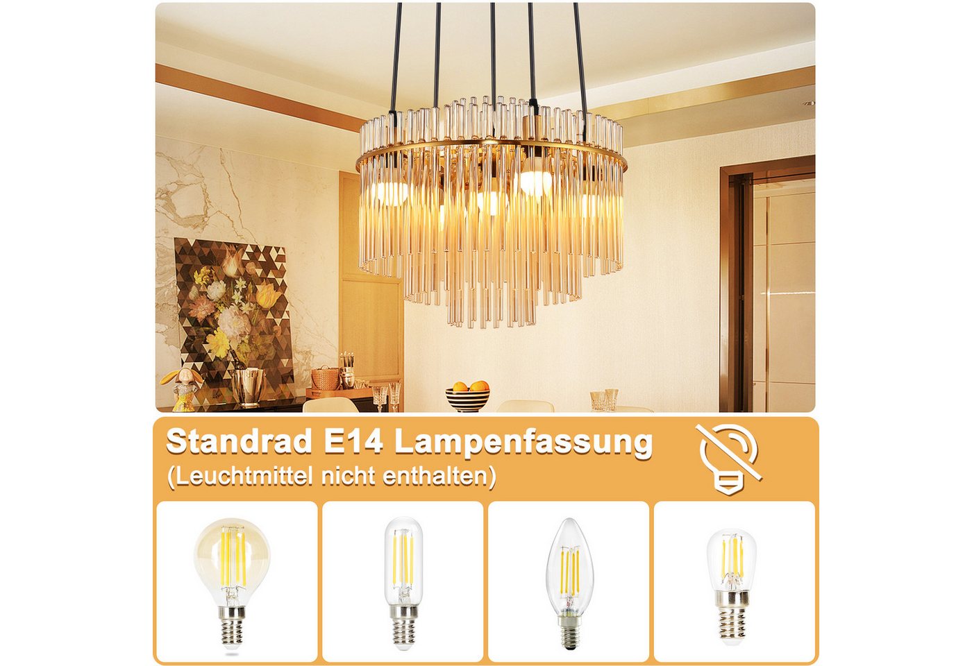 Nettlife Pendelleuchte modern Gold/Schwarz Glas 5 flammiger E14 Kronleuchter Hängeleuchte, ohne Leuchtmittel, Esstischlampe für Wohnzimmer Küche