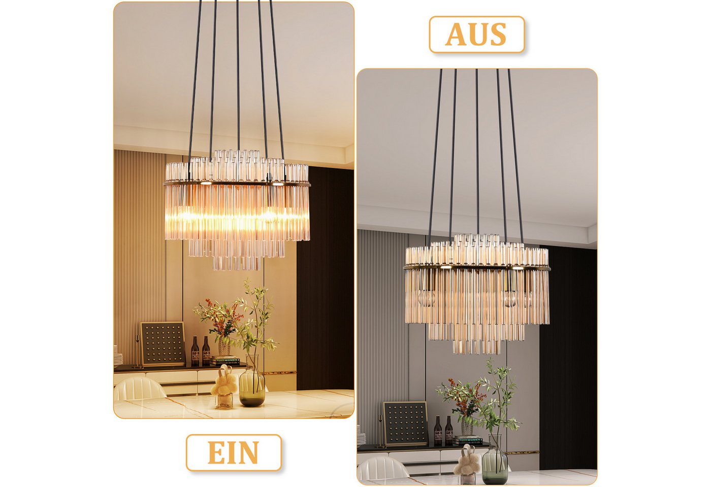 Nettlife Pendelleuchte modern Gold/Schwarz Glas 5 flammiger E14 Kronleuchter Hängeleuchte, ohne Leuchtmittel, Esstischlampe für Wohnzimmer Küche Bild 2