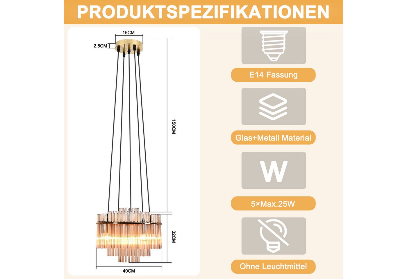 Nettlife Pendelleuchte modern Gold/Schwarz Glas 5 flammiger E14 Kronleuchter Hängeleuchte, ohne Leuchtmittel, Esstischlampe für Wohnzimmer Küche Bild 3