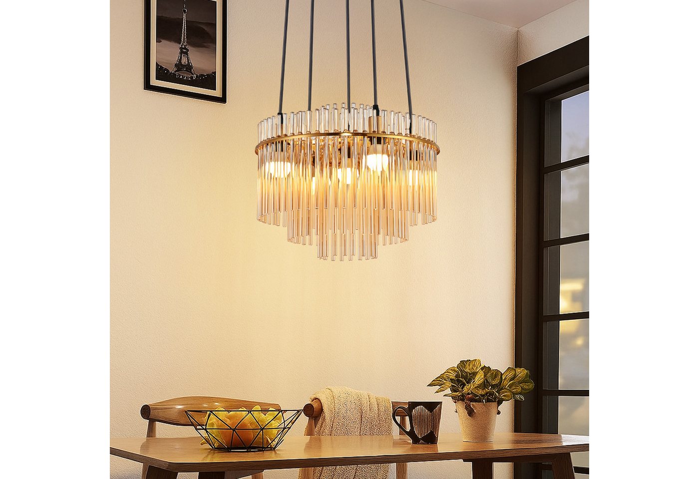 Nettlife Pendelleuchte modern Gold/Schwarz Glas 5 flammiger E14 Kronleuchter Hängeleuchte, ohne Leuchtmittel, Esstischlampe für Wohnzimmer Küche Bild 4