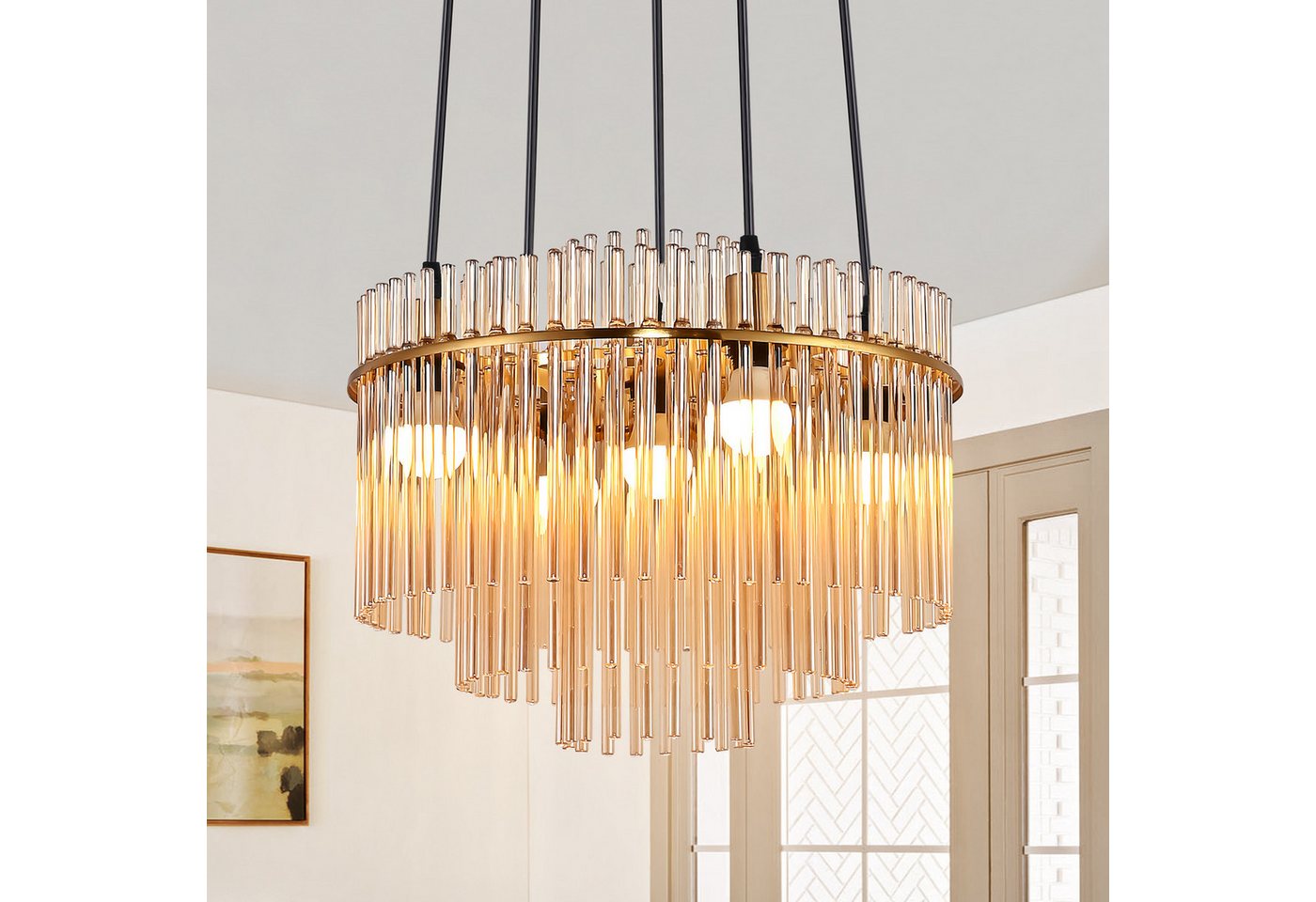 Nettlife Pendelleuchte modern Gold/Schwarz Glas 5 flammiger E14 Kronleuchter Hängeleuchte, ohne Leuchtmittel, Esstischlampe für Wohnzimmer Küche Bild 5
