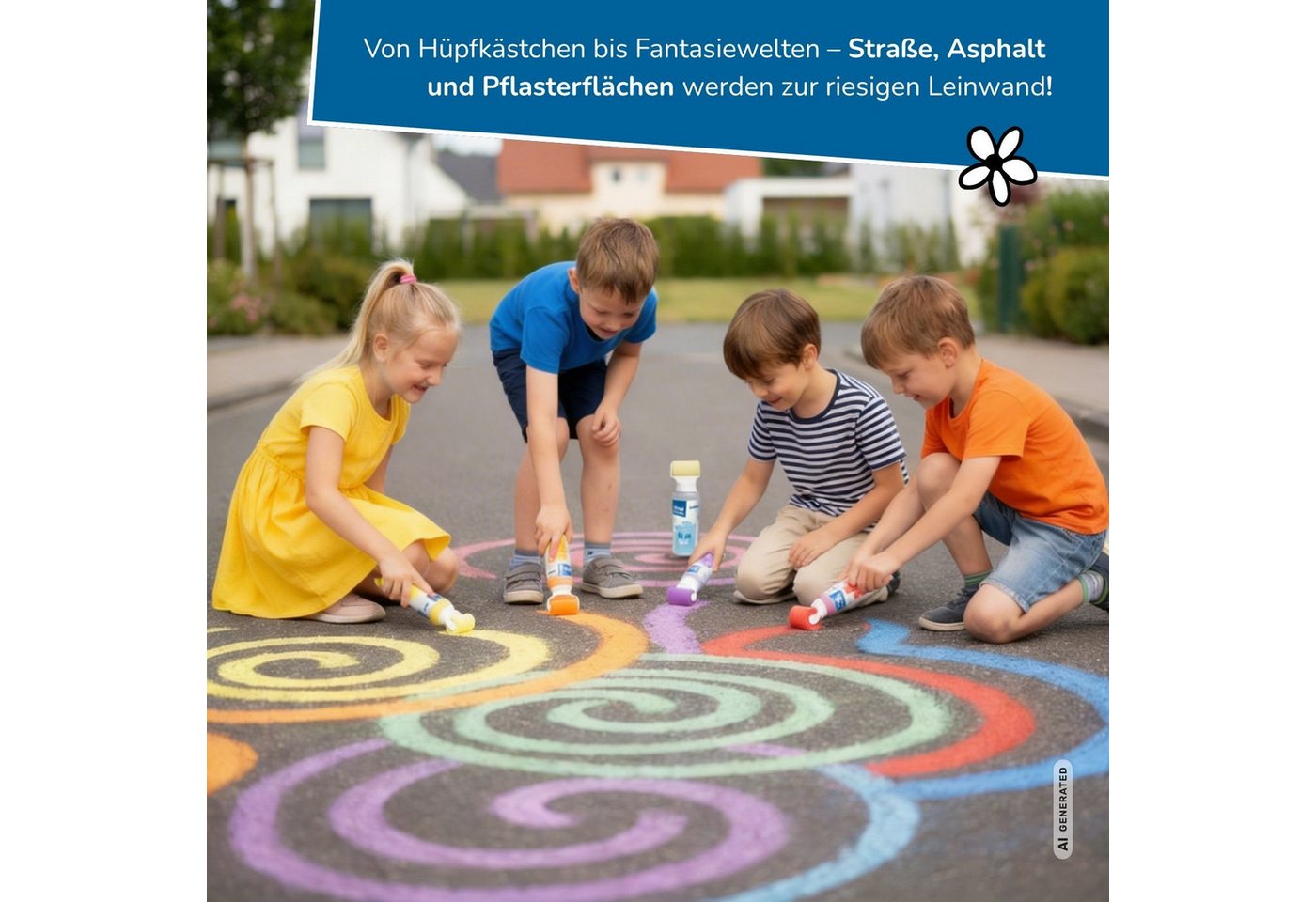 alldoro Malkreide Straßenmalkreide-Roller, 6er Set, flüssige Kreidefarbe ohne Flecken, Straßenkreide, Kreidepulver in 6 Farben zum Malen auf Asphalt