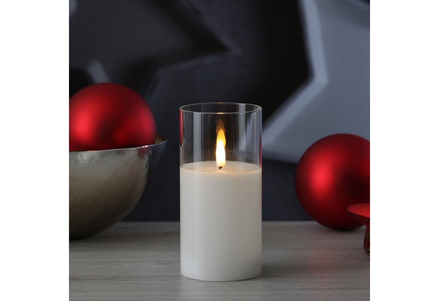 MARELIDA LED-Kerze LED Kerze im Glas Windlicht Echtwachs Timer H: 15cm D: 7,5cm weiß, LED Classic, warmweiß (2100K bis 3000K)