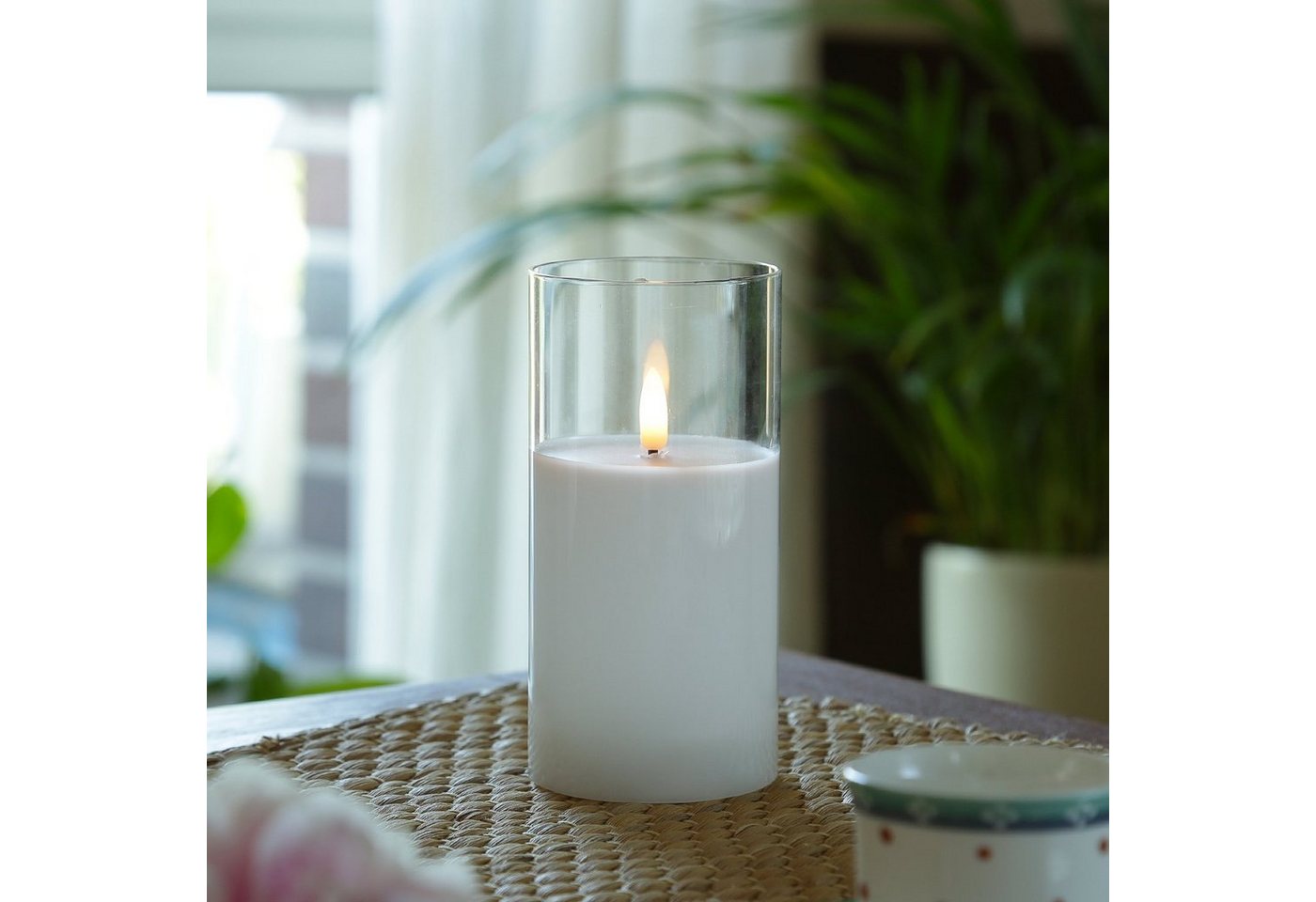 MARELIDA LED-Kerze LED Kerze im Glas Windlicht Echtwachs Timer H: 15cm D: 7,5cm weiß, LED Classic, warmweiß (2100K bis 3000K) Bild 4