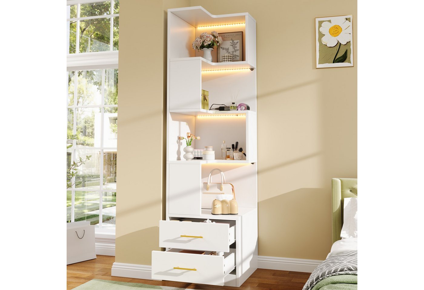 Flieks Bücherregal Eckregal mit LED-Beleuchtung, 5 Ebenen & 2 Schubladen Standregal, 45x45x165 cm 1-tlg., Eckbücherregal Eckschrank L-förmig Hochschrank Weiß, 4 Fächer Bild 2