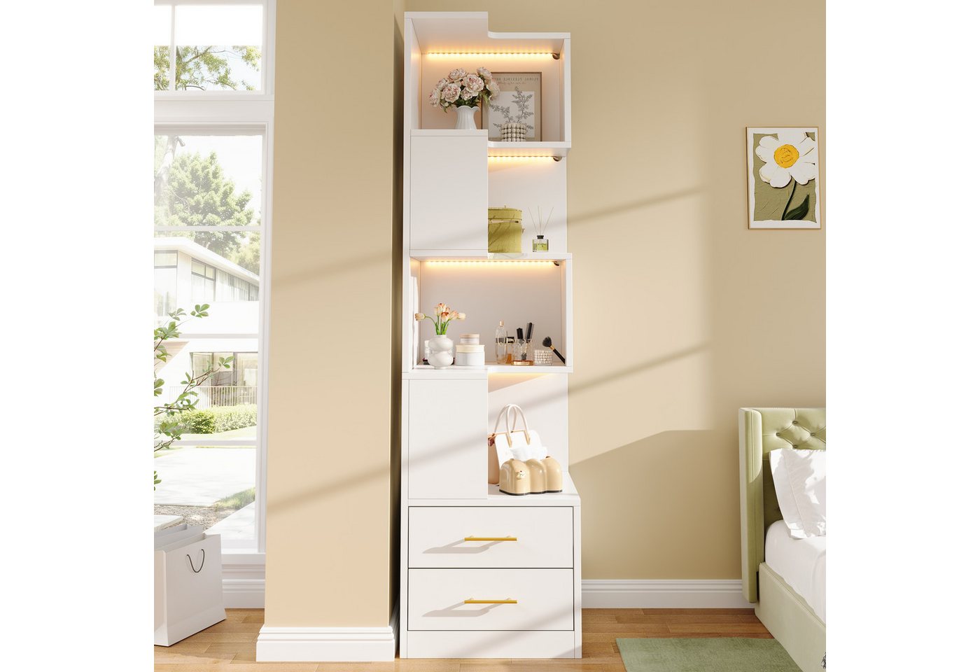 Flieks Bücherregal Eckregal mit LED-Beleuchtung, 5 Ebenen & 2 Schubladen Standregal, 45x45x165 cm 1-tlg., Eckbücherregal Eckschrank L-förmig Hochschrank Weiß, 4 Fächer Bild 3