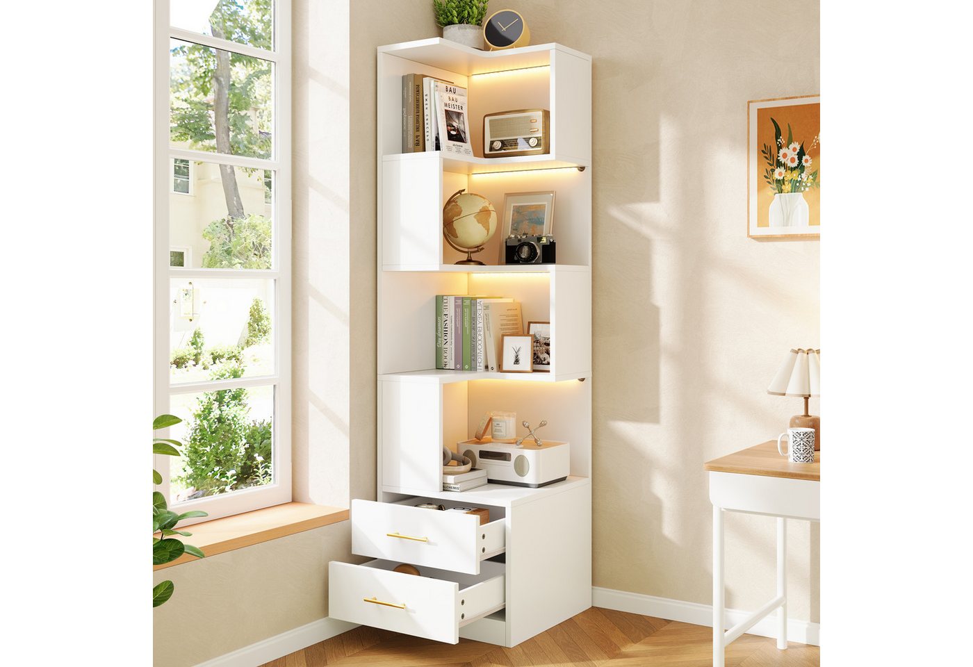 Flieks Bücherregal Eckregal mit LED-Beleuchtung, 5 Ebenen & 2 Schubladen Standregal, 45x45x165 cm 1-tlg., Eckbücherregal Eckschrank L-förmig Hochschrank Weiß, 4 Fächer Bild 4