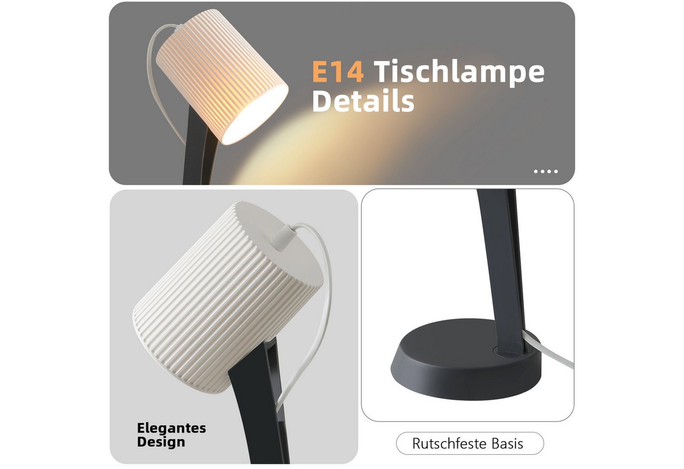 ZMH Tischleuchte E14 2er-Set mit Kabel Kippschalter modern Schlafzimmer Esszimmer, HochwertigeDesign, ohne Leuchtmittel, Einfache Installation Bild 5