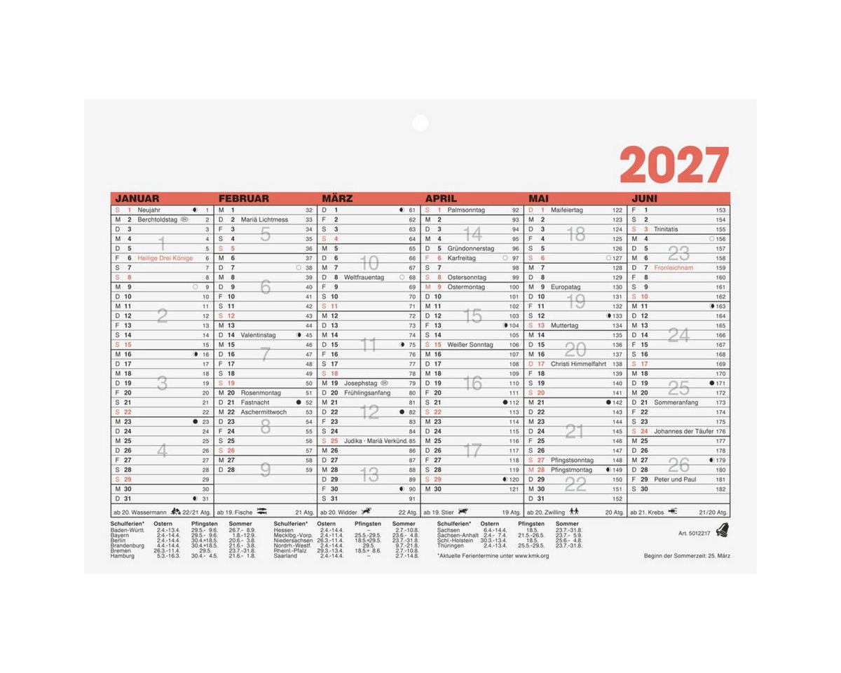 GLOCKEN Terminplaner Tafelkalender 21x14,8cm 6 Monate/Seite Kalendarium 2027