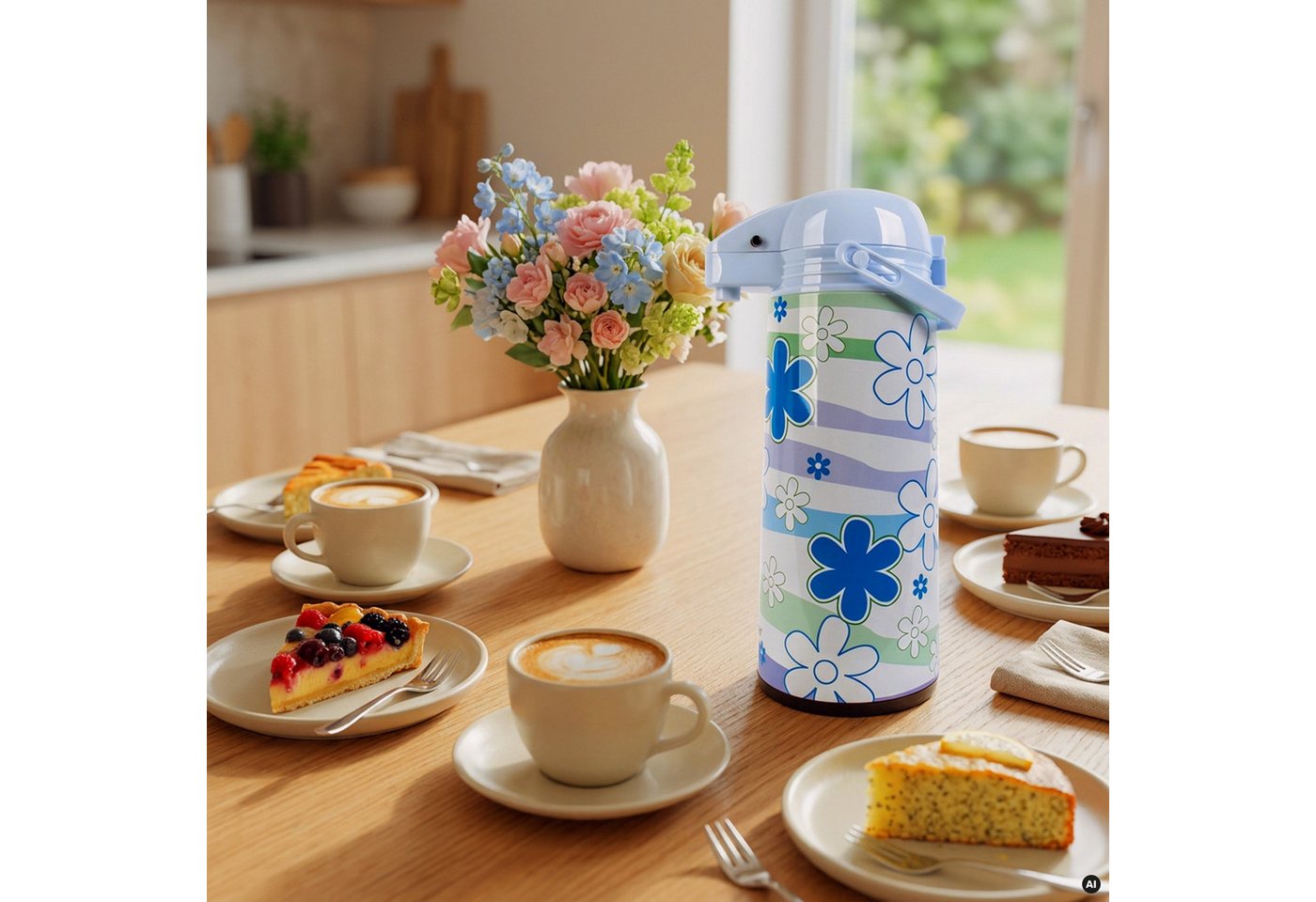 EUROHOME Pump-Isolierkanne EUROHOME Airpot Isolierkanne 1,9L – Thermoskanne Flowers, 1,9 l, (Pumpkanne 1,9l), Vielseitige Isolierkanne für Kaffee, Tee und mehr Bild 2