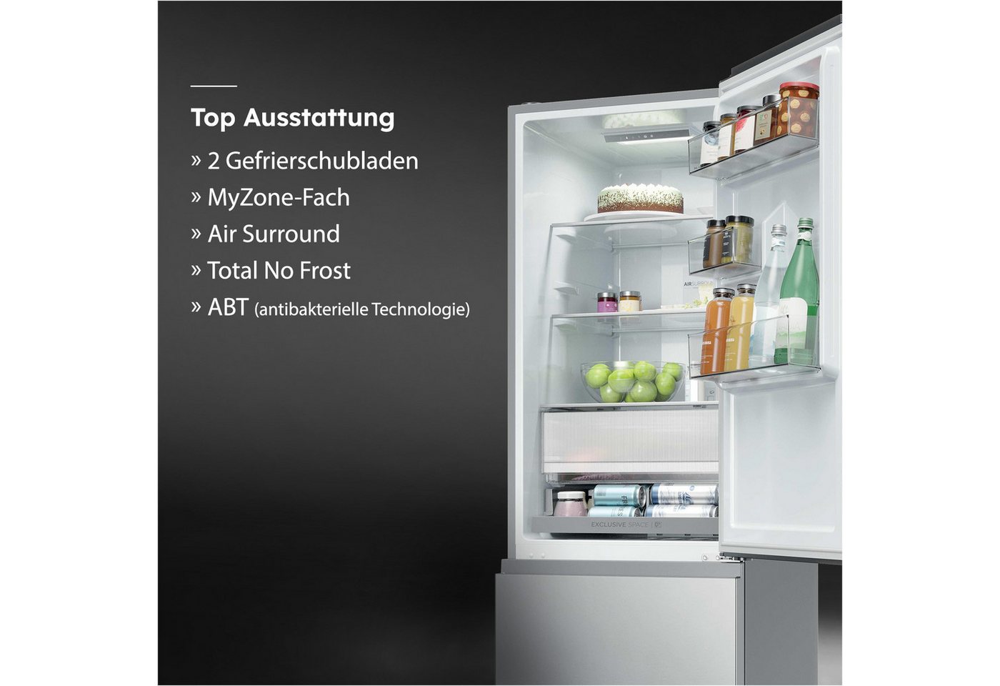 Haier Kühl-/Gefrierkombination Combi 3D 55 HTR3518ENMX, 185 cm hoch, 54,5 cm breit, Easy Access-Gefrierschubladen: Alles schnell gefunden