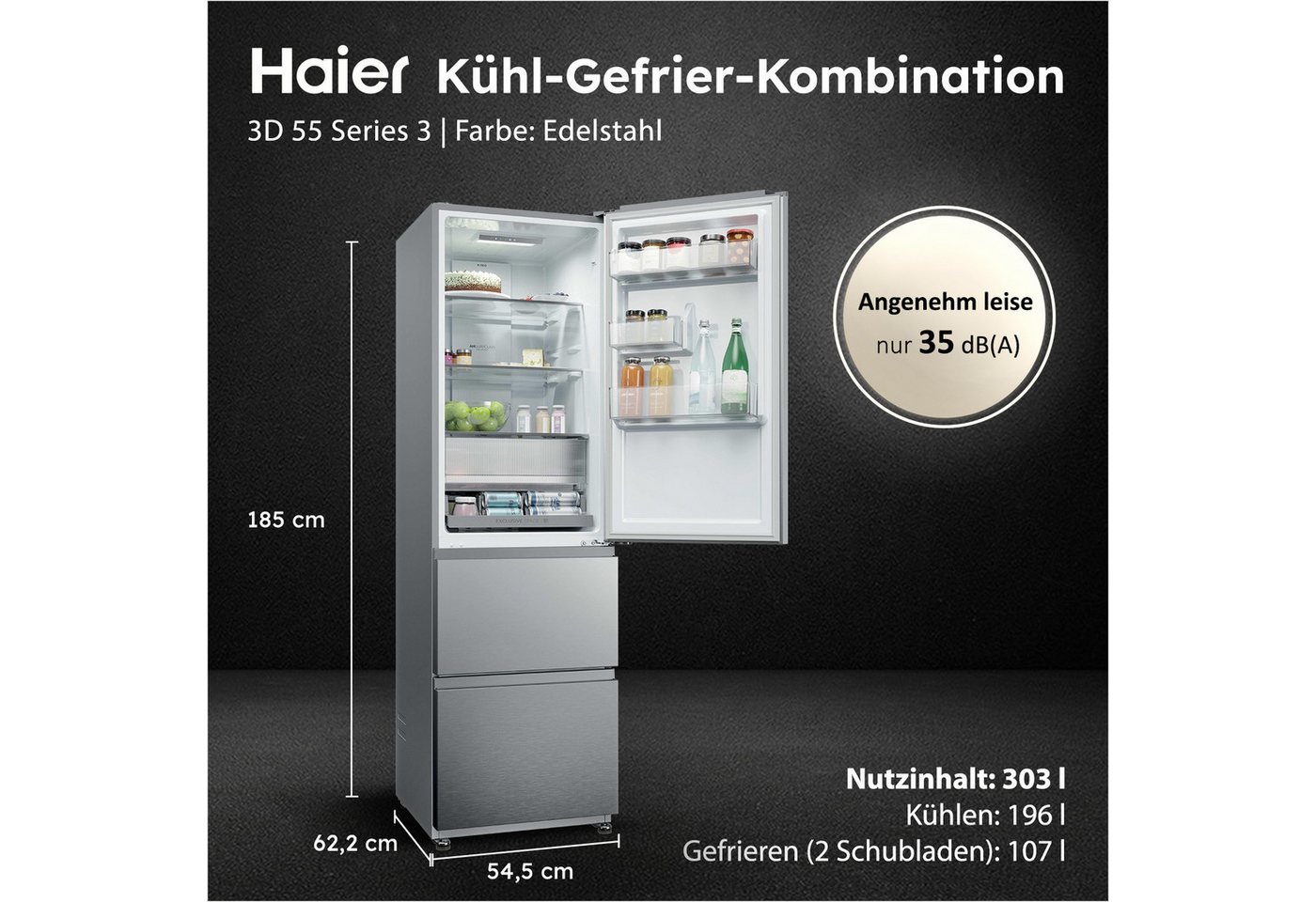 Haier Kühl-/Gefrierkombination Combi 3D 55 HTR3518ENMX, 185 cm hoch, 54,5 cm breit, Easy Access-Gefrierschubladen: Alles schnell gefunden Bild 4