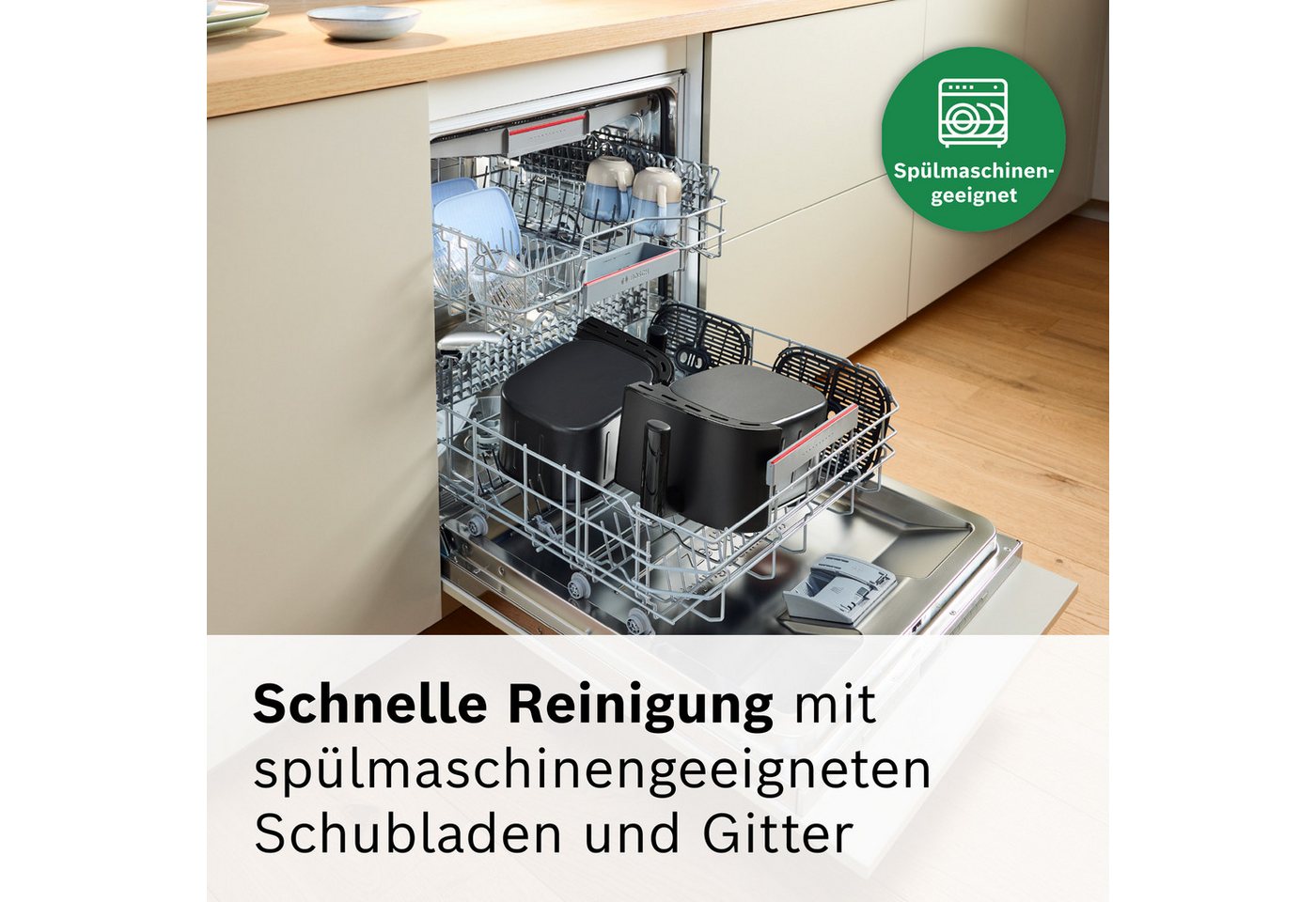 BOSCH Heißluftfritteuse Airfryer MAFD440B0, 2* 4,5L Kammer, spülmaschinengeeignet, schwarz, 2500 W, PFAs frei, einfache Reinigung, 6 voreingestellte Programme Bild 2