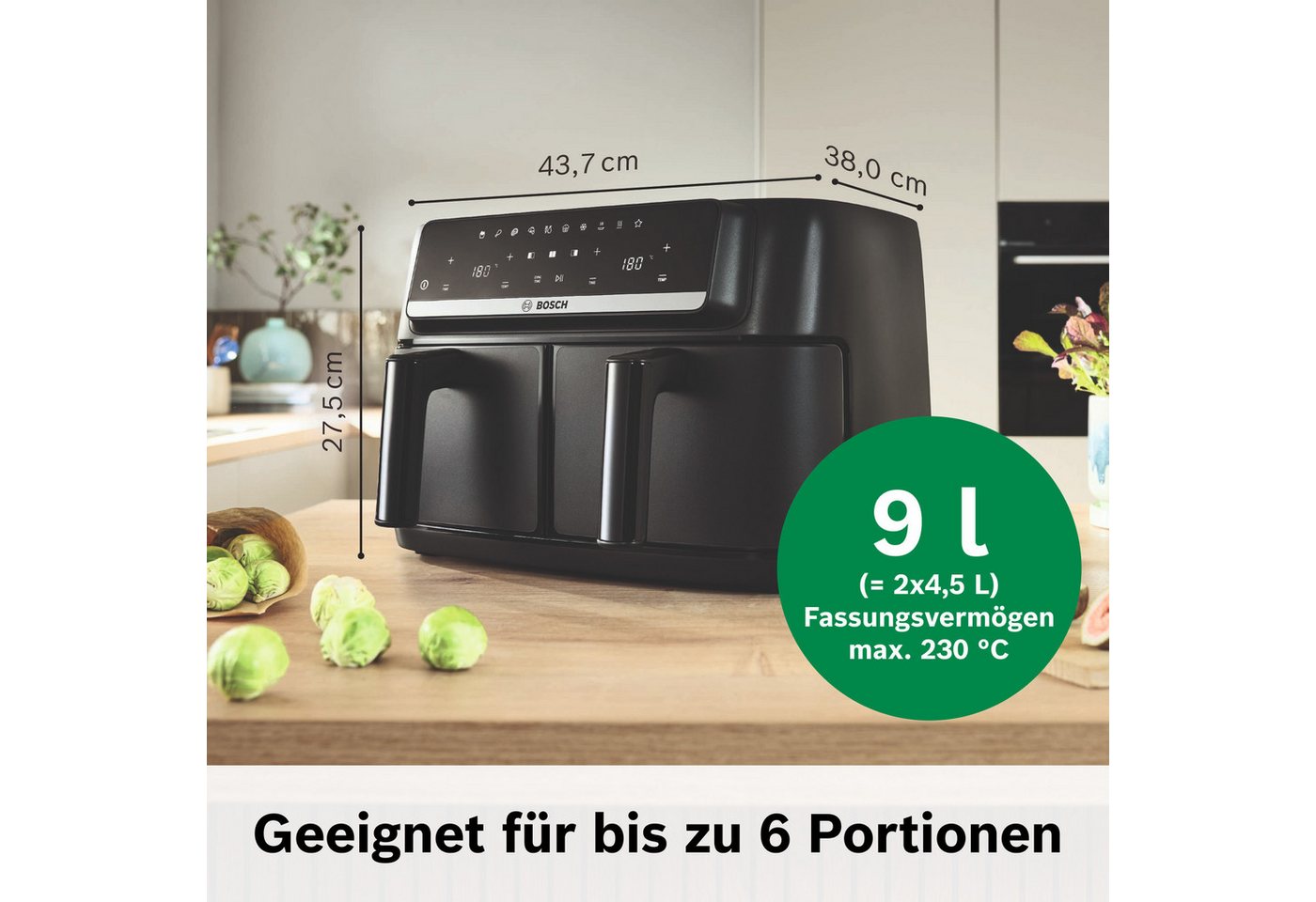 BOSCH Heißluftfritteuse Airfryer MAFD440B0, 2* 4,5L Kammer, spülmaschinengeeignet, schwarz, 2500 W, PFAs frei, einfache Reinigung, 6 voreingestellte Programme Bild 3