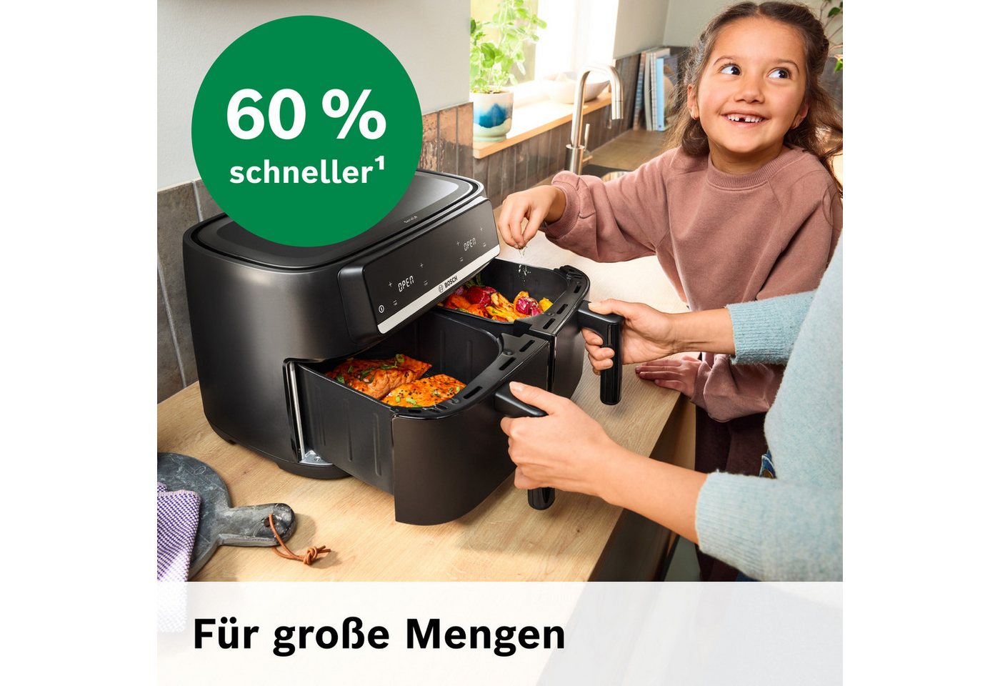 BOSCH Heißluftfritteuse Airfryer MAFD440B0, 2* 4,5L Kammer, spülmaschinengeeignet, schwarz, 2500 W, PFAs frei, einfache Reinigung, 6 voreingestellte Programme Bild 5
