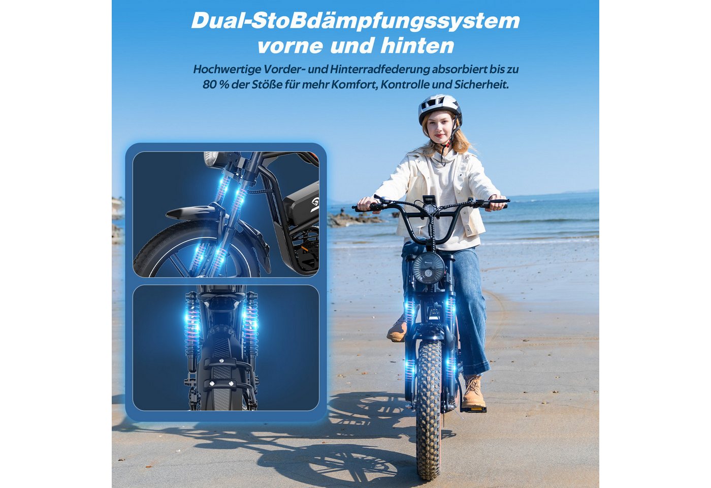 EVERCROSS TECH E-Bike 20” x 4,0 fette Reifen MTB, 48V 15,6AH Removable Battery, NFC, Heckmotor, 748,8 Wh, bis 85km, 7 Gang Shimano, Kettenschaltung, Heckmotor