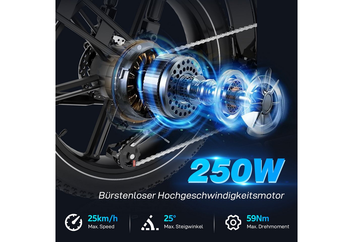EVERCROSS TECH E-Bike 20” x 4,0 fette Reifen MTB, 48V 15,6AH Removable Battery, NFC, Heckmotor, 748,8 Wh, bis 85km, 7 Gang Shimano, Kettenschaltung, Heckmotor Bild 3