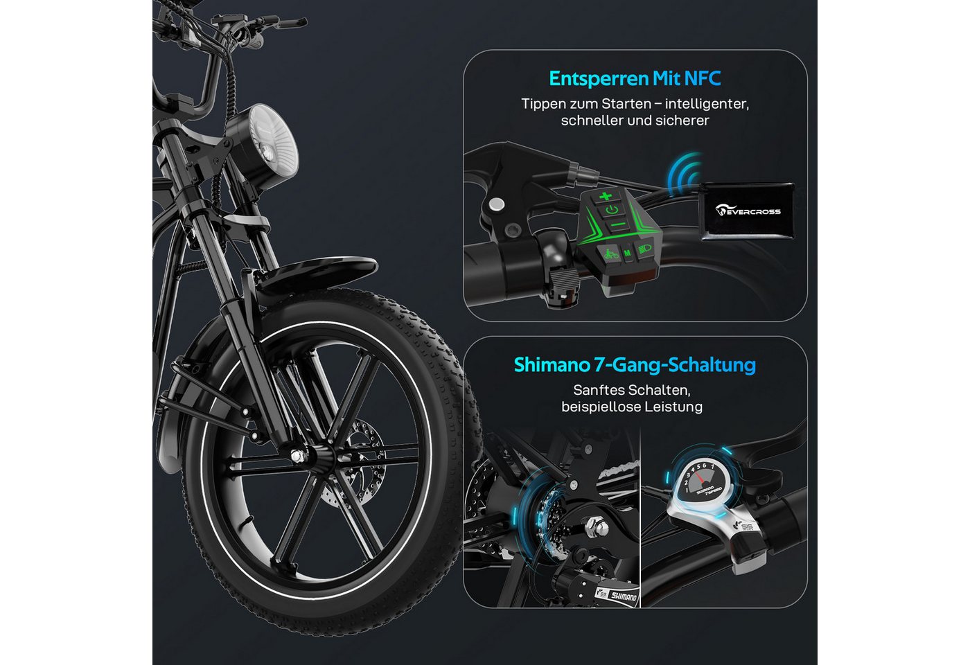 EVERCROSS TECH E-Bike 20” x 4,0 fette Reifen MTB, 48V 15,6AH Removable Battery, NFC, Heckmotor, 748,8 Wh, bis 85km, 7 Gang Shimano, Kettenschaltung, Heckmotor Bild 5