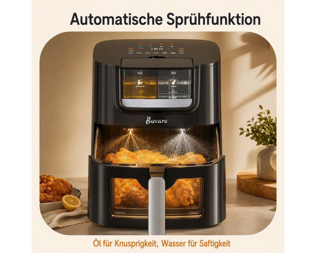 BUVARO Heißluftfritteuse AF-ZE7238-ZA mit 8 voreingestellte Programme, 1800 W, 7L mit automatischer Öl- und Wassersprühfunktion