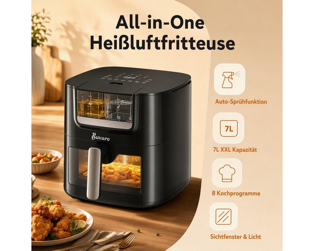 BUVARO Heißluftfritteuse AF-ZE7238-ZA mit 8 voreingestellte Programme, 1800 W, 7L mit automatischer Öl- und Wassersprühfunktion Bild 2