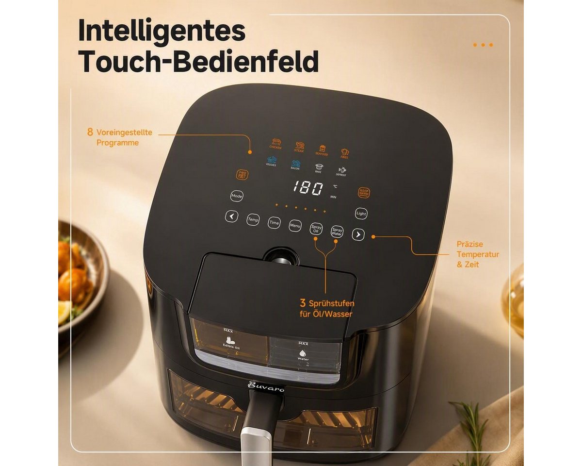 BUVARO Heißluftfritteuse AF-ZE7238-ZA mit 8 voreingestellte Programme, 1800 W, 7L mit automatischer Öl- und Wassersprühfunktion Bild 5