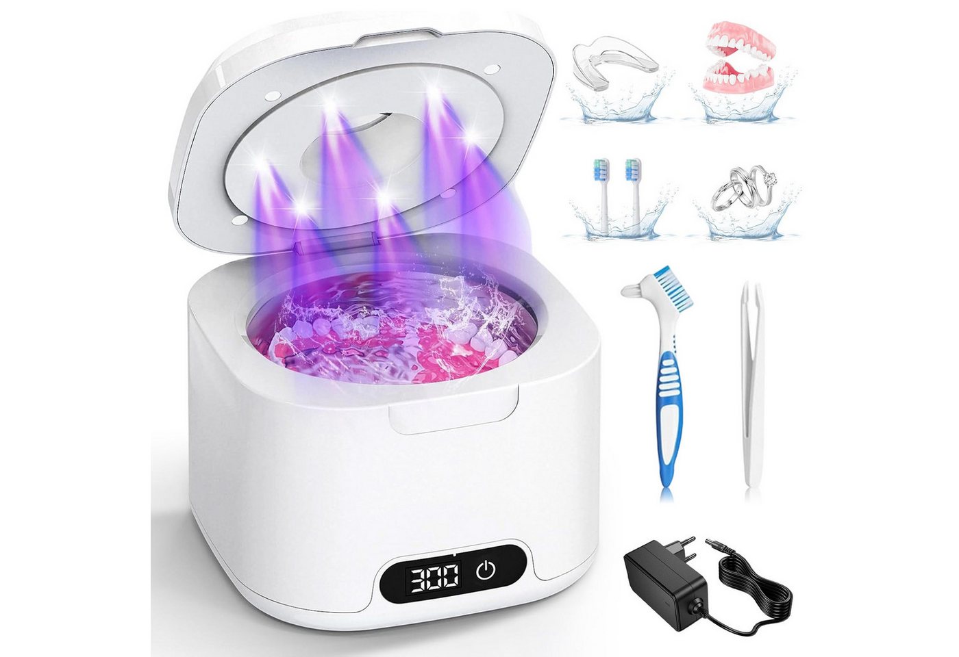 AKKEE Ultraschallreiniger Ultraschallreinigungsgerät 50000Hz mit 6 UV-Licht & 4 Modes, 340ML Ultraschallreiniger
