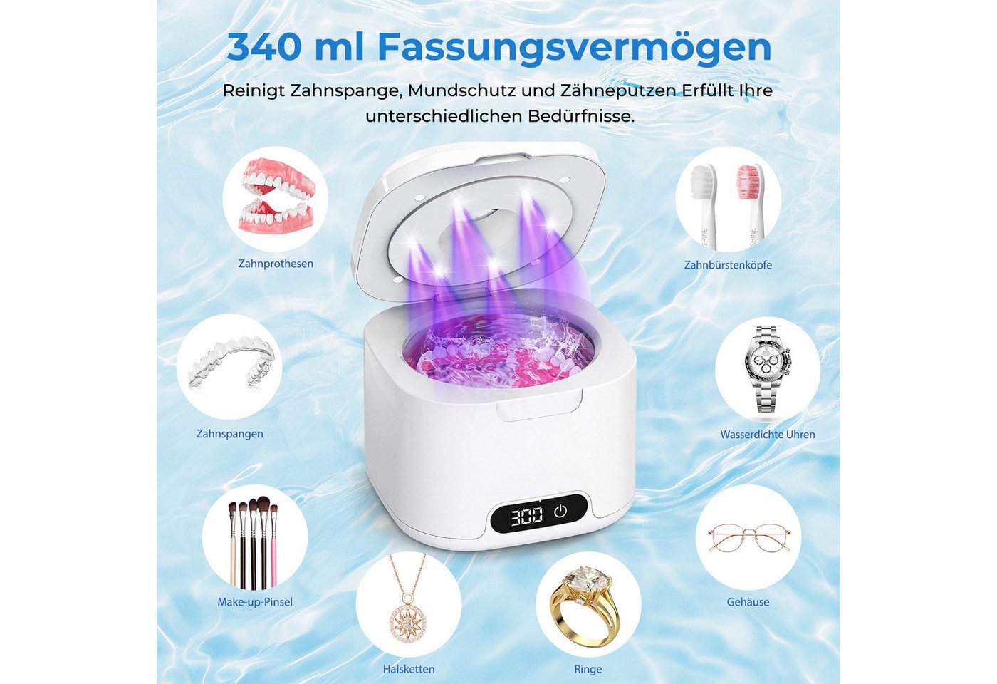 AKKEE Ultraschallreiniger Ultraschallreinigungsgerät 50000Hz mit 6 UV-Licht & 4 Modes, 340ML Ultraschallreiniger Bild 5