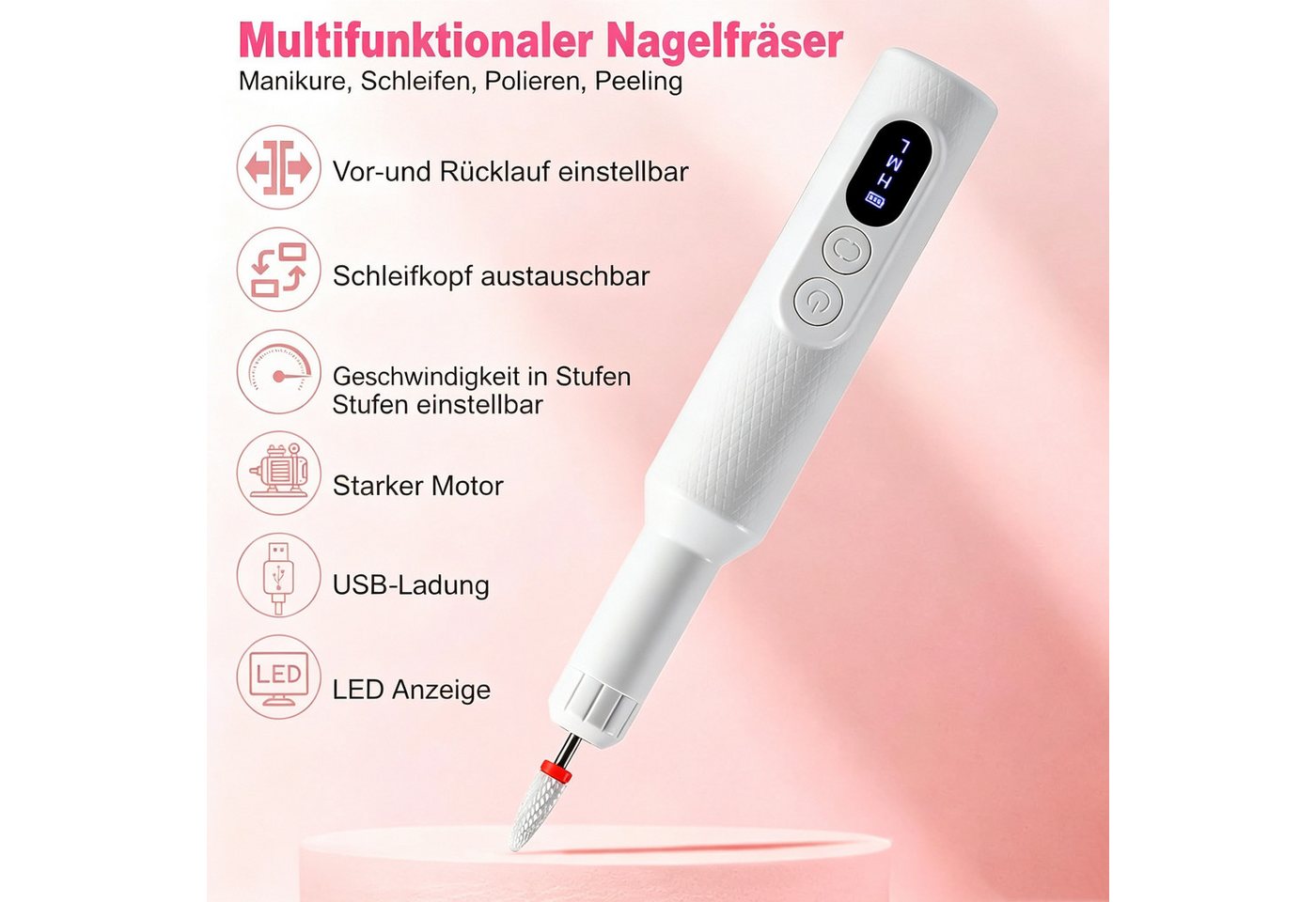 inschimmer Maniküre-Pediküre-Set Elektrisch Nagelfeile 12 IN 1 Nagelfräser Kabellos für Acryl-Gel-Nägel