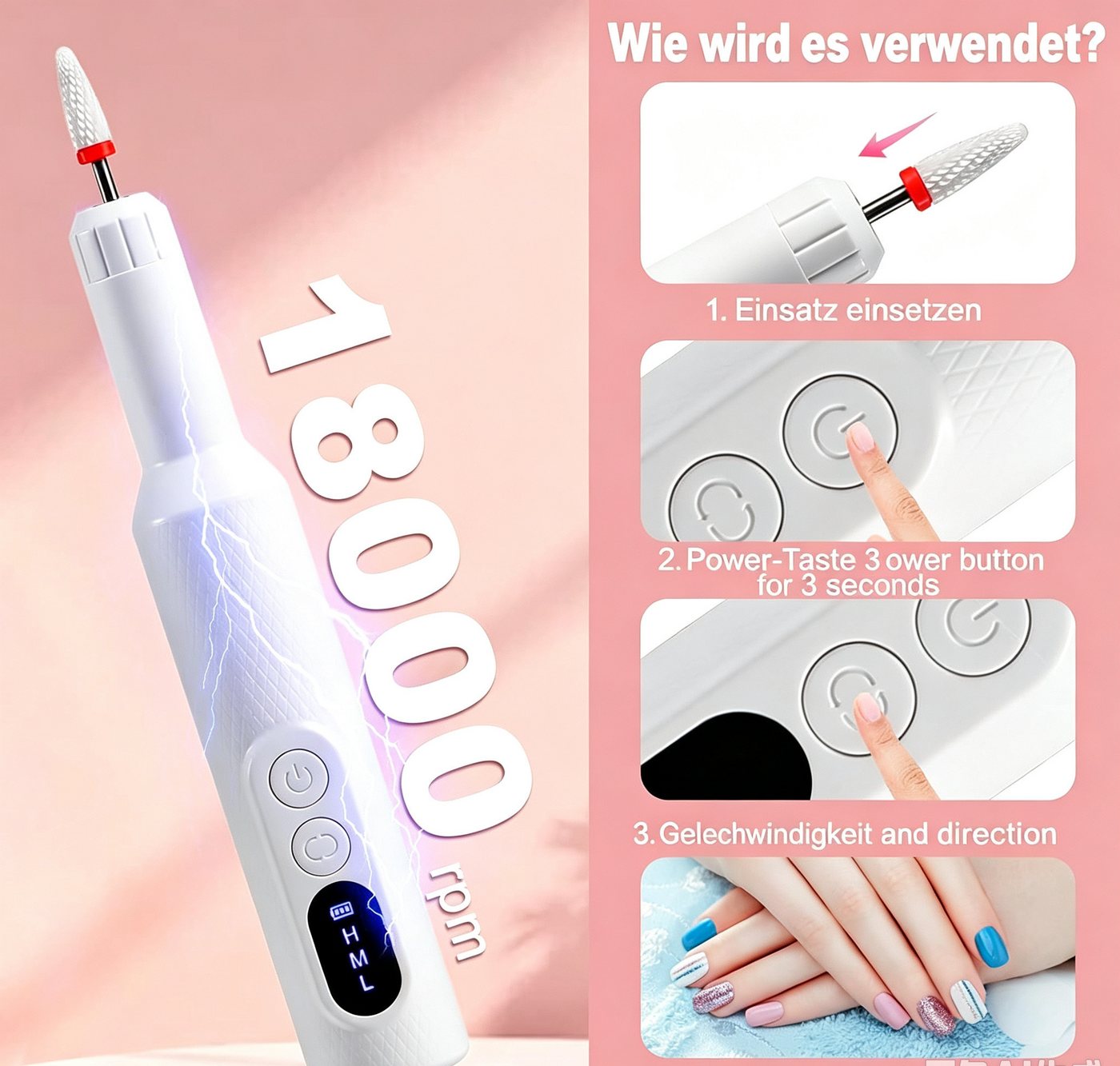 inschimmer Maniküre-Pediküre-Set Elektrisch Nagelfeile 12 IN 1 Nagelfräser Kabellos für Acryl-Gel-Nägel Bild 3