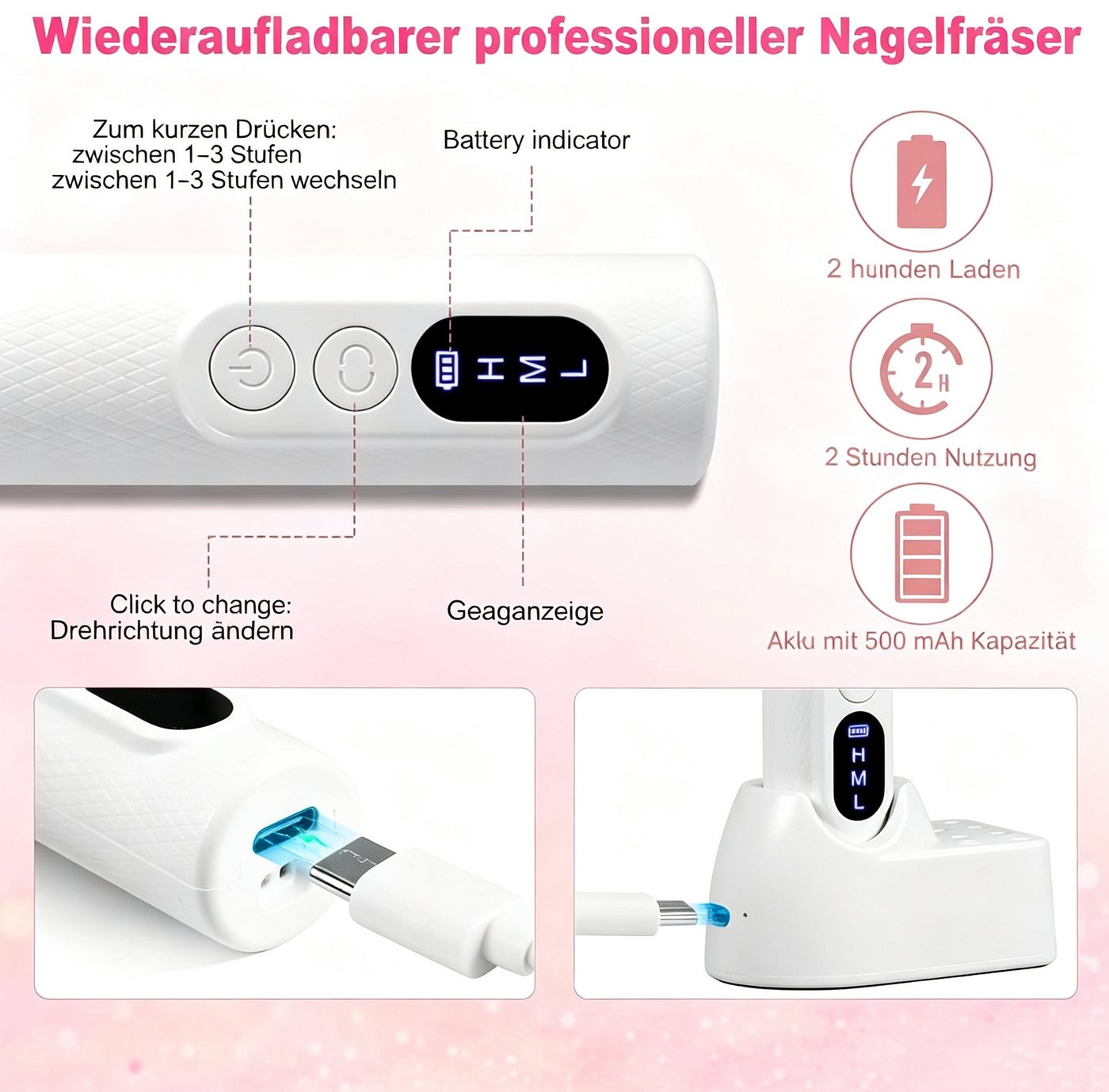 inschimmer Maniküre-Pediküre-Set Elektrisch Nagelfeile 12 IN 1 Nagelfräser Kabellos für Acryl-Gel-Nägel Bild 5