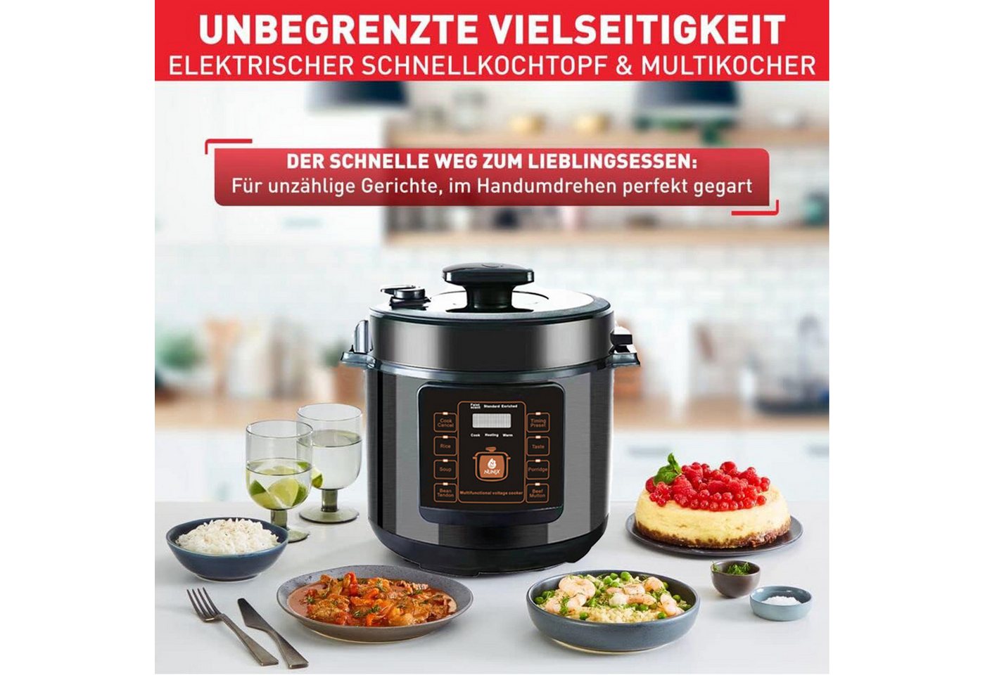 ibettertec Reiskocher Digitaler Reiskocher mit Dampfgarer, Schnellkochtopf 8 Programme, 6 Liter Schnellkochtopf, Schongarer, Warmhaltefunktion, Timer Bild 4