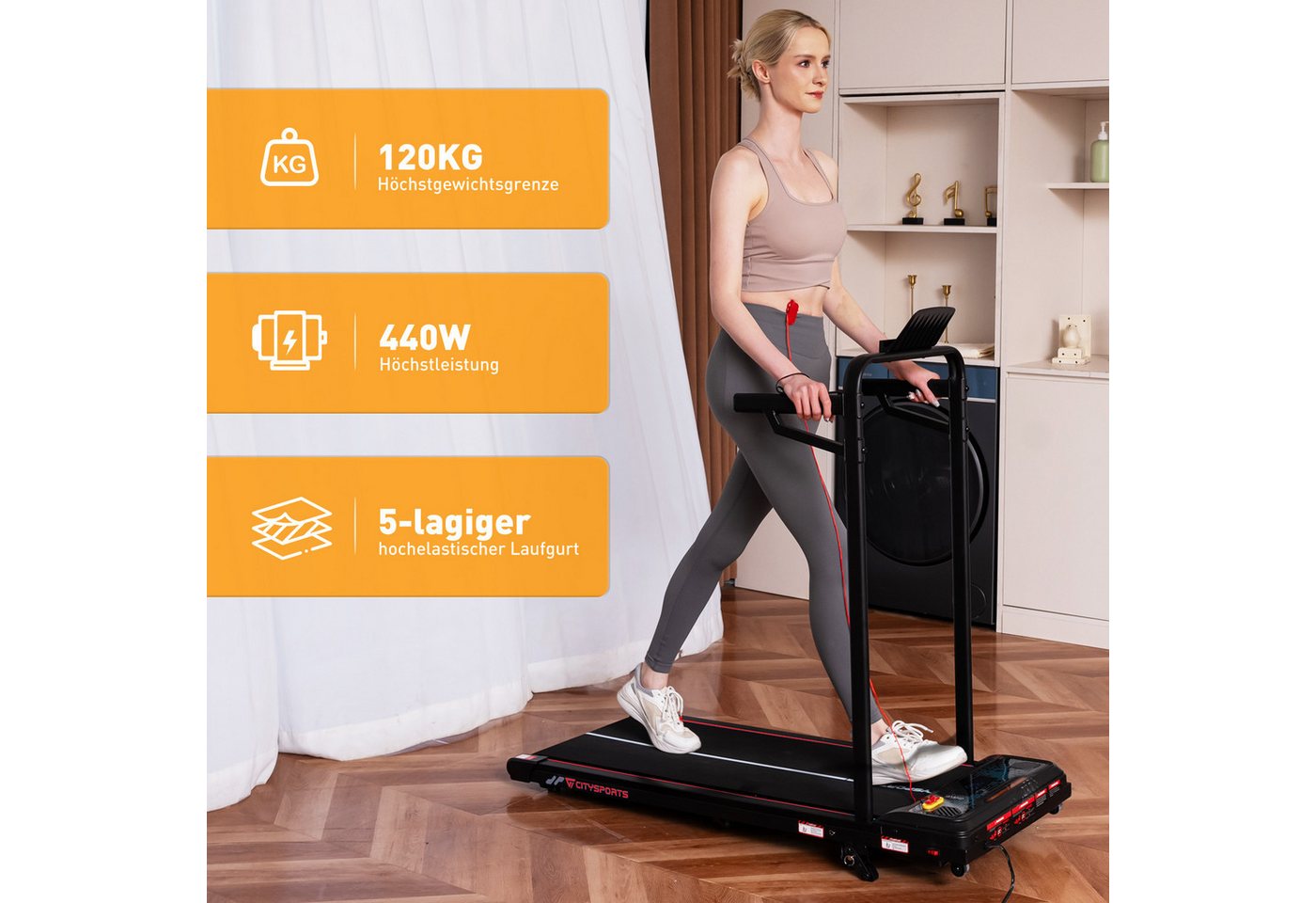 CITYSPORTS Laufband WP6 Walking Pad, 1–6 km/h, 440 W, 3-stufige Steigung bis 14 % (Mit toolkit,mit Schmiermittel), 120 kg, selbstzentrierender Laufgurt, LED-Display, Bluetooth Bild 2