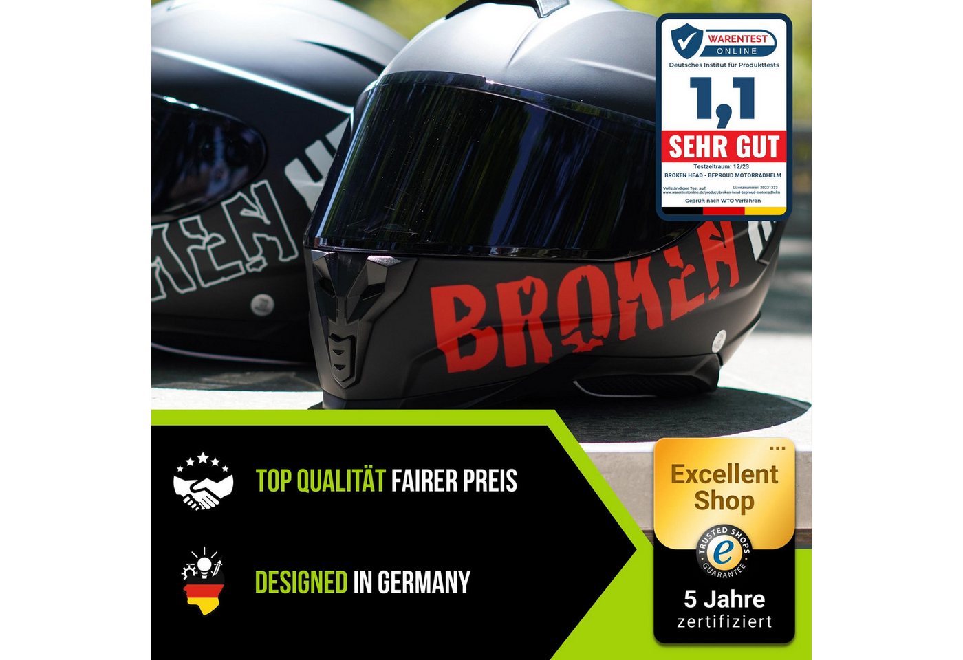 Broken Head Motorradhelm BeProud Sport Rot (Mit Schwarzem Visier), Hochwertiges Design Bild 4
