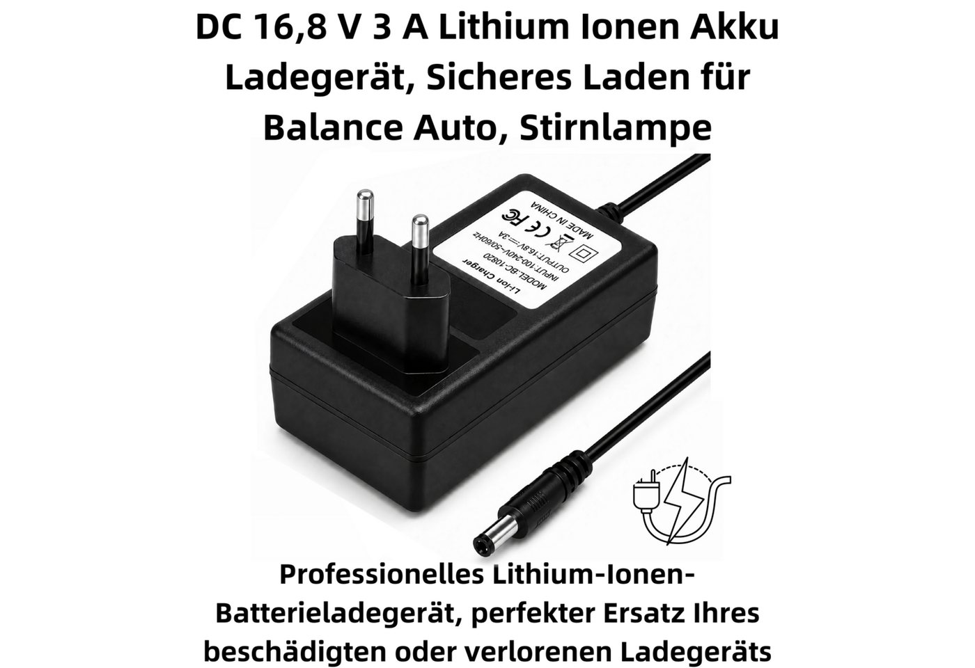 Bolwins P19C DC 16,8V 3A 5.5x2.5mm Netzadapter Li-Ion Batterie Akku Ladegerät Batterie-Ladegerät (3000 mA, Packung, 1-tlg., 1x 16,8 V 3 A Ladegerät für Li-Ion-Akkupacks, Stabile Spannung, LED-Statusanzeige, integrierter Schutz) Bild 4