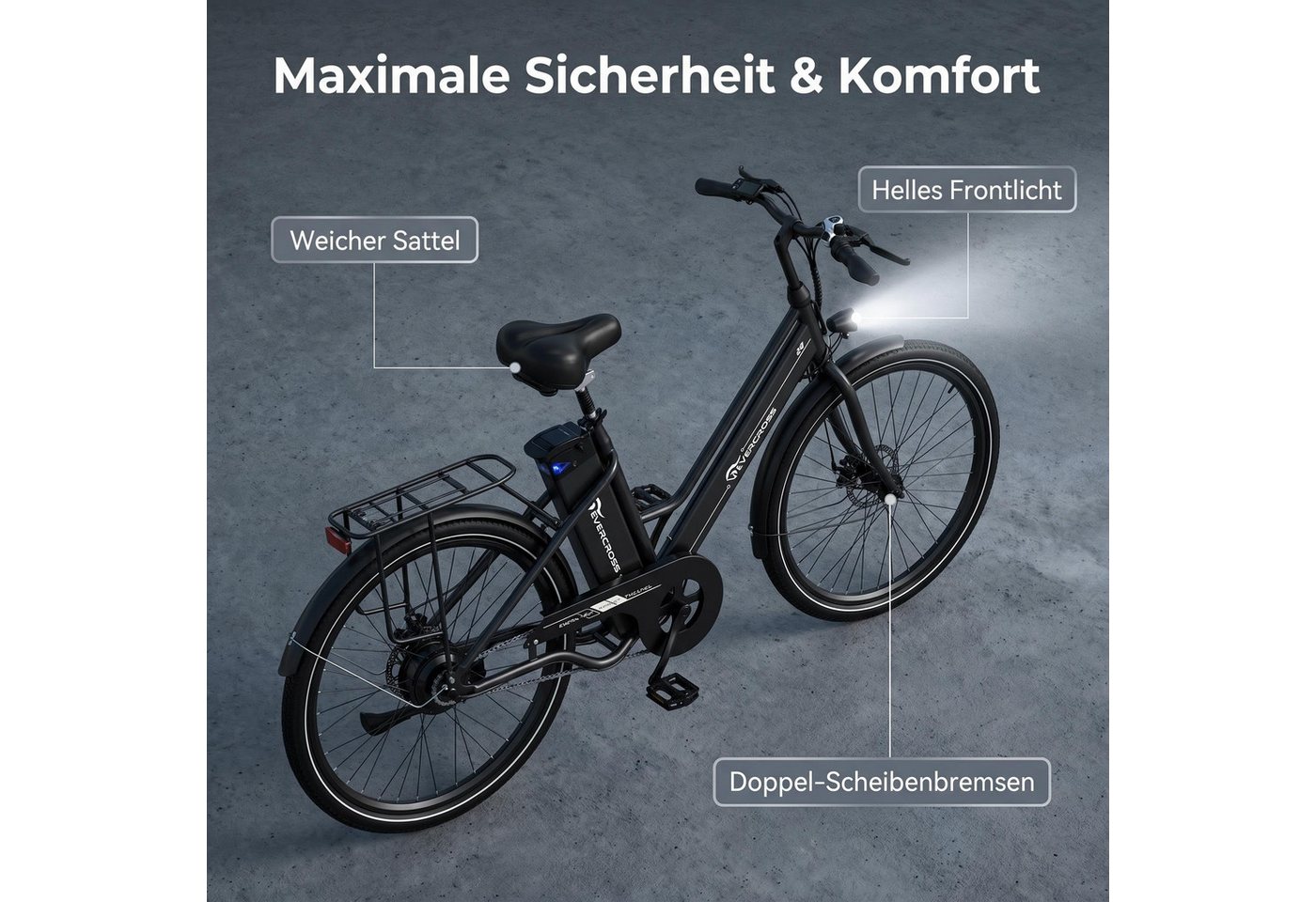 EVERCROSS TECH E-Bike Cityrad für Pendler,26-Zoll-Elektrofahrrad,36V 15,6AH Lithiumbatterie, Heckmotor, 561,6 Wh, 90Km, 1 Gang,E-Citybike mit Schloss, Pumpe