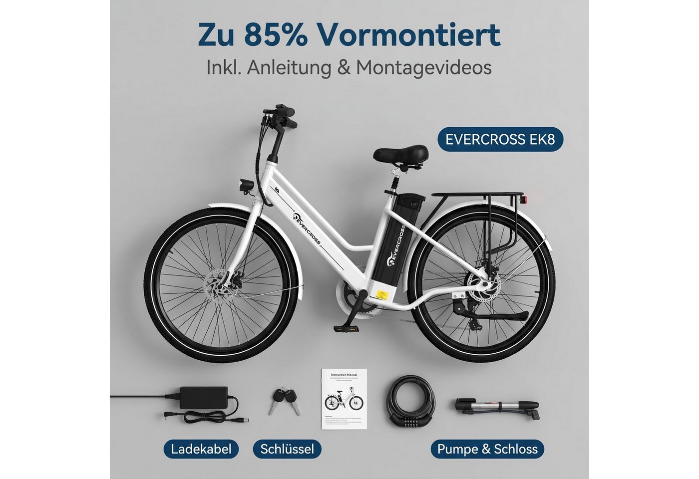 EVERCROSS TECH E-Bike Cityrad für Pendler,26-Zoll-Elektrofahrrad,36V 15,6AH Lithiumbatterie, Heckmotor, 561,6 Wh, 90Km, 1 Gang,E-Citybike mit Schloss, Pumpe Bild 2