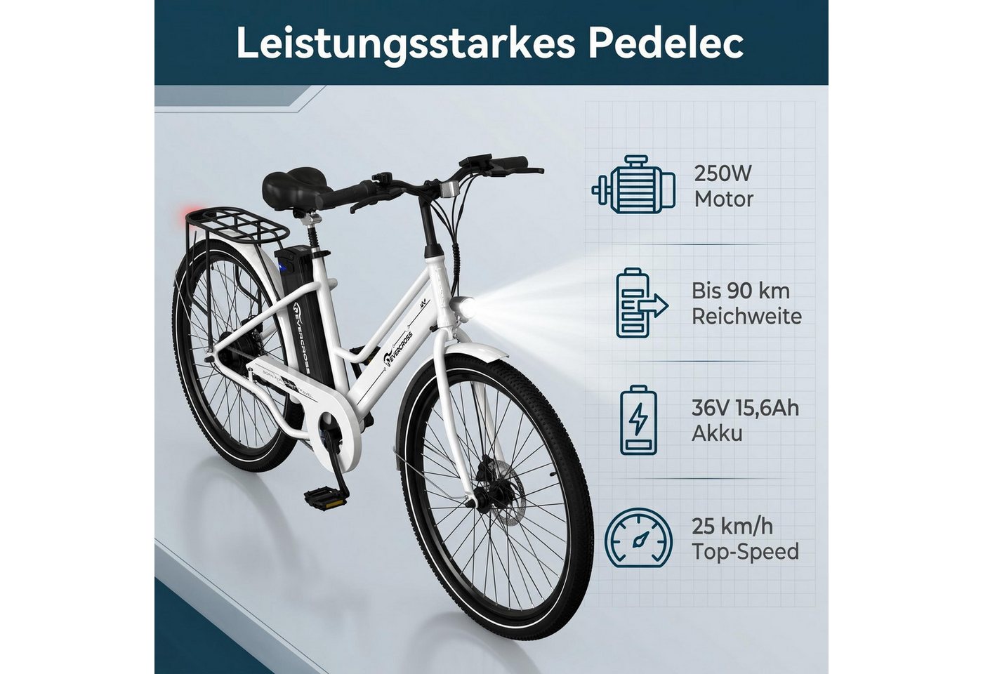 EVERCROSS TECH E-Bike Cityrad für Pendler,26-Zoll-Elektrofahrrad,36V 15,6AH Lithiumbatterie, Heckmotor, 561,6 Wh, 90Km, 1 Gang,E-Citybike mit Schloss, Pumpe Bild 3