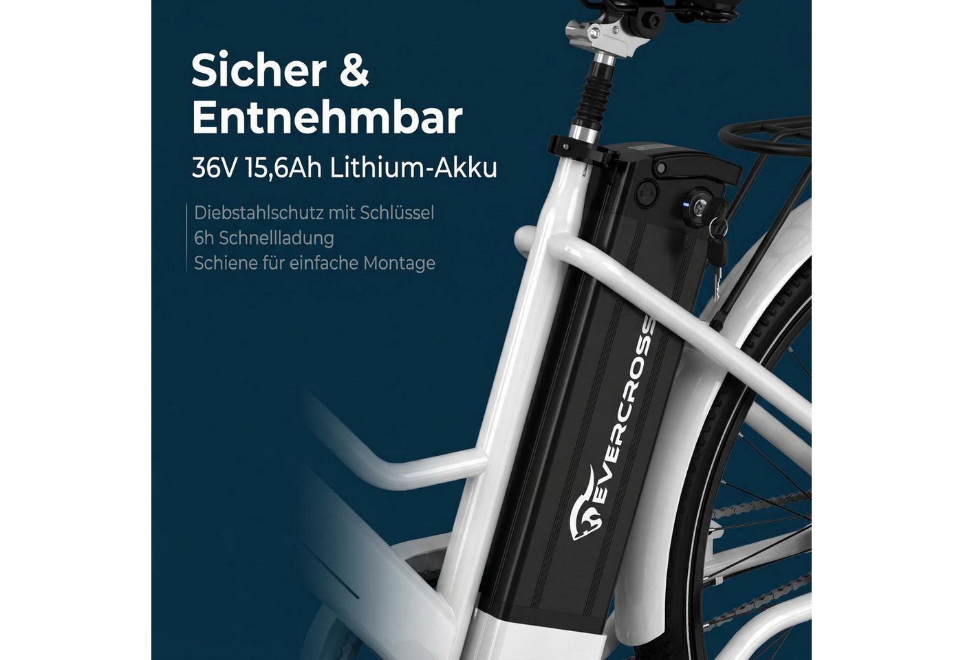 EVERCROSS TECH E-Bike Cityrad für Pendler,26-Zoll-Elektrofahrrad,36V 15,6AH Lithiumbatterie, Heckmotor, 561,6 Wh, 90Km, 1 Gang,E-Citybike mit Schloss, Pumpe Bild 4