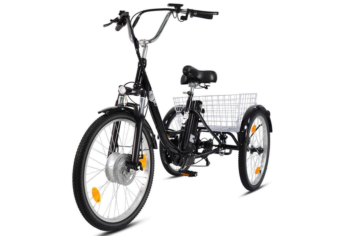 Vankel E-Bike Cityrad Damen u. Herren Elektro-Dreirad 24 Zoll 250W 540Wh 100km 3-Rad Pedelec, Kettenschaltung, Heckmotor, 648 Wh, (Beleuchtungsset mit Batterieladegerät, Batterieschlüssel, Werkzeug), Shimano 7-Gang Vorderradmotor Federgabel Cargobike 120kg Traglast