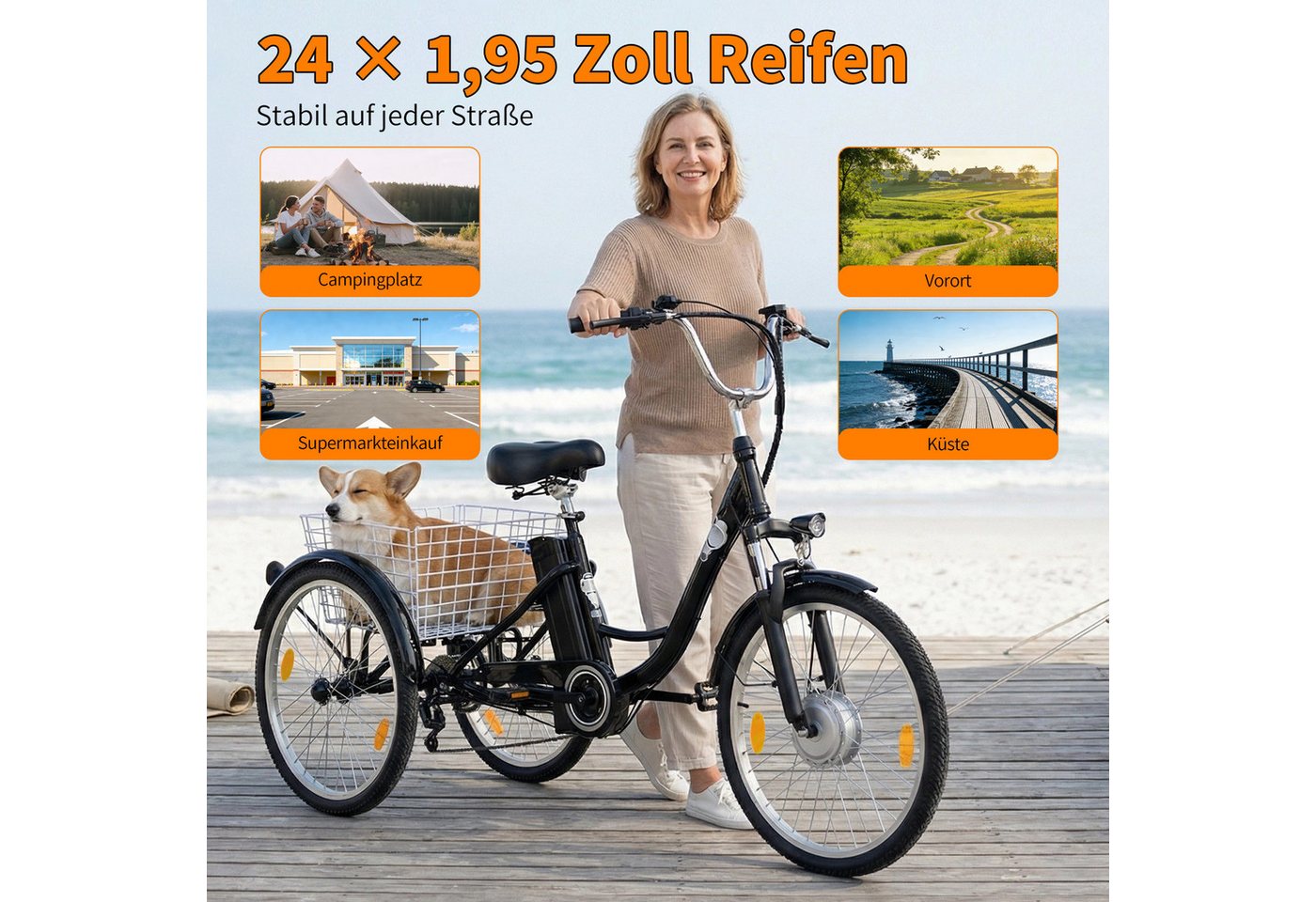 Vankel E-Bike Cityrad Damen u. Herren Elektro-Dreirad 24 Zoll 250W 540Wh 100km 3-Rad Pedelec, Kettenschaltung, Heckmotor, 648 Wh, (Beleuchtungsset mit Batterieladegerät, Batterieschlüssel, Werkzeug), Shimano 7-Gang Vorderradmotor Federgabel Cargobike 120kg Traglast Bild 3