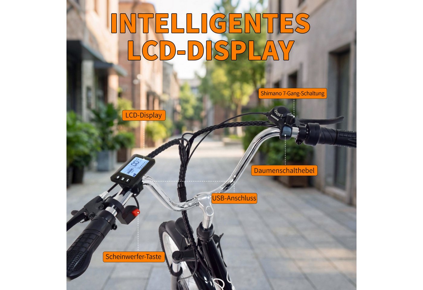 Vankel E-Bike Cityrad Damen u. Herren Elektro-Dreirad 24 Zoll 250W 540Wh 100km 3-Rad Pedelec, Kettenschaltung, Heckmotor, 648 Wh, (Beleuchtungsset mit Batterieladegerät, Batterieschlüssel, Werkzeug), Shimano 7-Gang Vorderradmotor Federgabel Cargobike 120kg Traglast Bild 5
