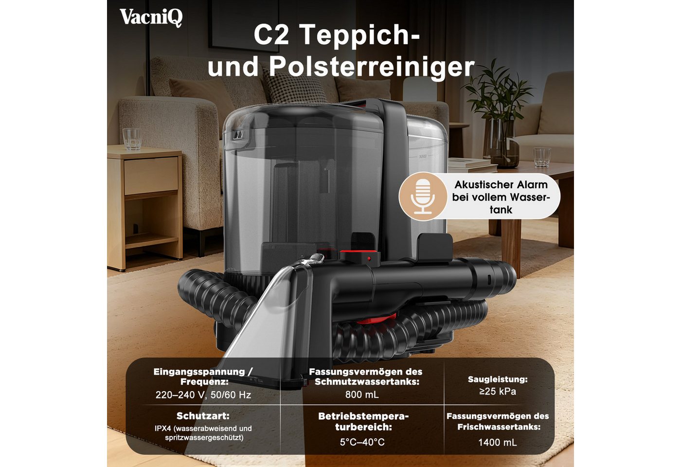 VacniQ Teppichreinigungsgerät 25Kpa Waschsauger, Nasssauger, Teppichreiniger, 500 W, Geeignet für Sofas,Teppiche,Auto,Matratzen, mit Reinigungsmittel Bild 4