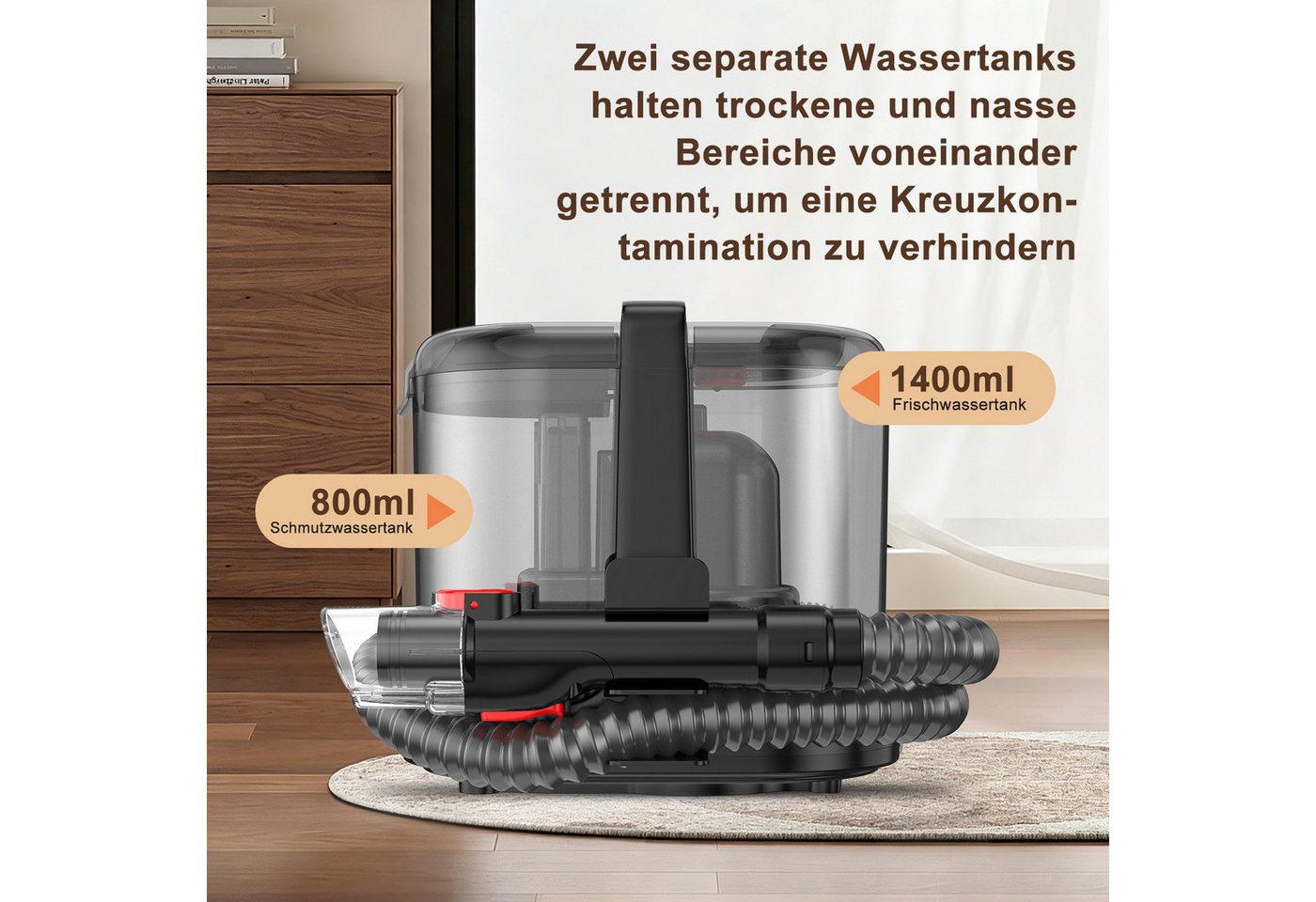 VacniQ Teppichreinigungsgerät 25Kpa Waschsauger, Nasssauger, Teppichreiniger, 500 W, Geeignet für Sofas,Teppiche,Auto,Matratzen, mit Reinigungsmittel Bild 5