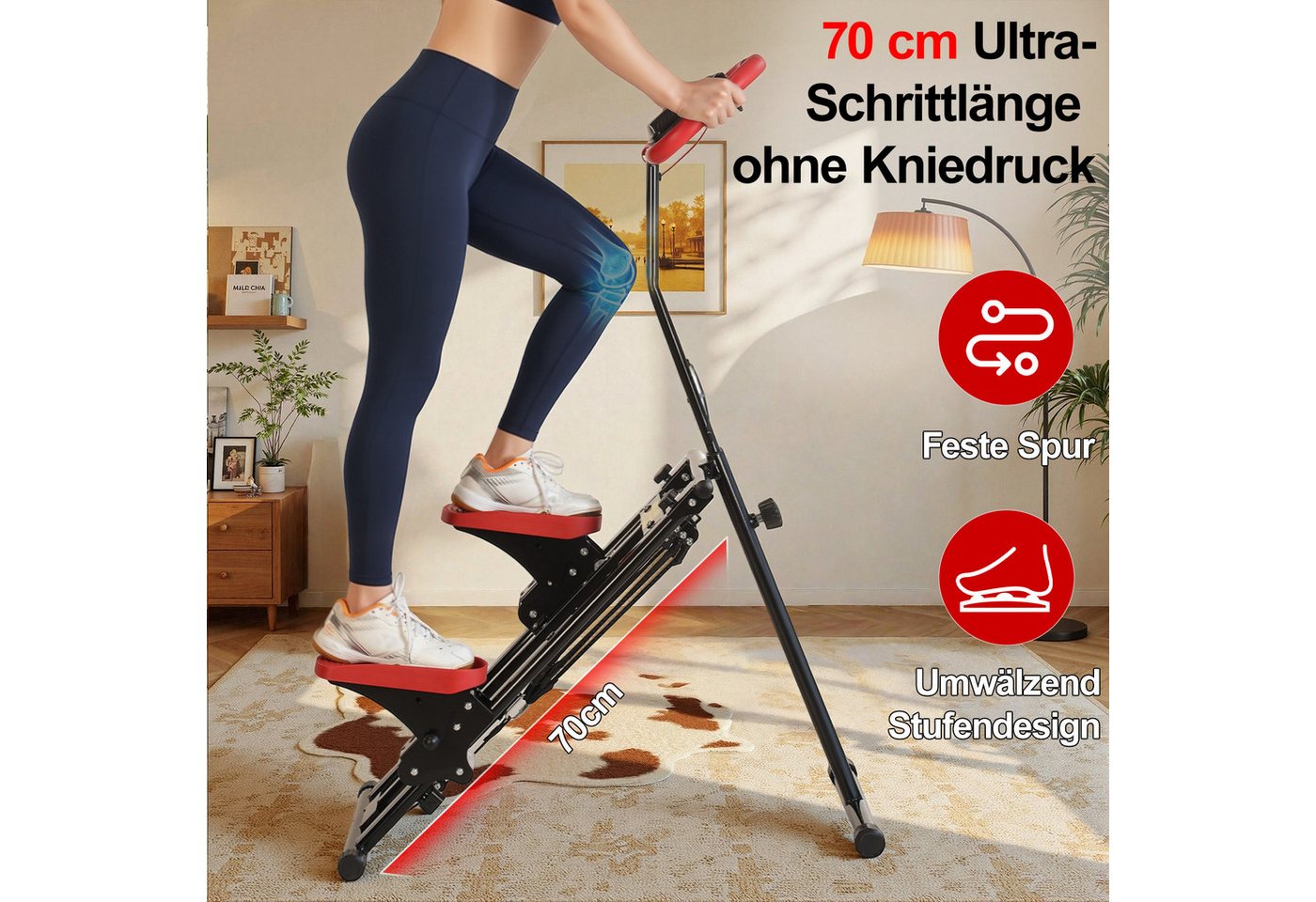 kehot Stepper Treppenstepper klappbar mit Handgriff, bis 100 kg (3-fach höhenverstellbar mit großen 12 x 27 cm Pedalen, Mit 6 Widerstandsbändern für Arm- und Oberkörpertraining), Mechanischer Schrittzähler, kompakt für das Training zu Hause Bild 4