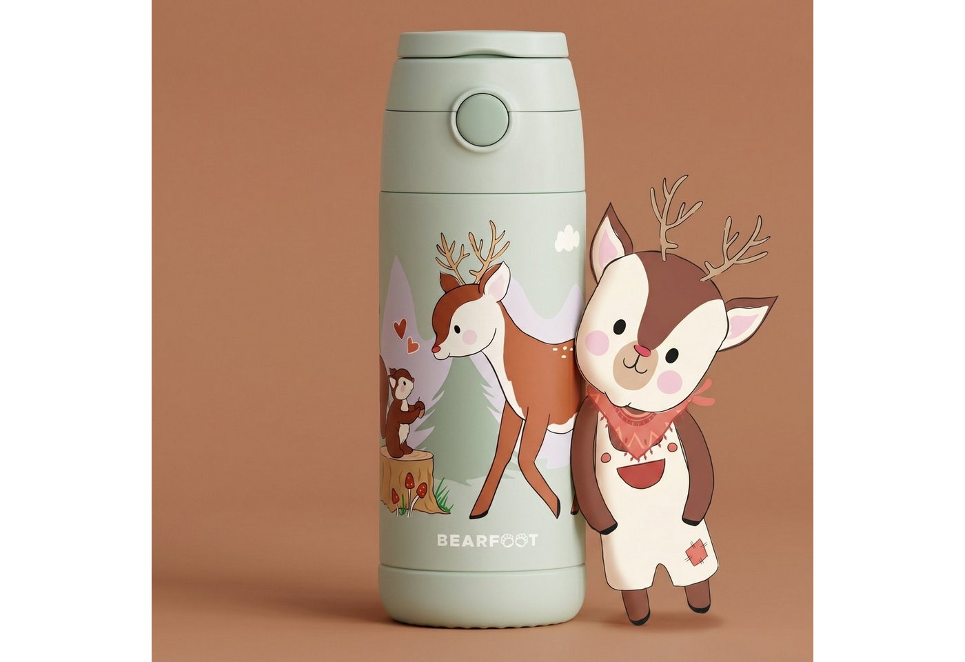 BEARFOOT Trinkflasche Thermo Kinder Trinkflasche Edelstahl - Reh grün, Thermosflasche, auslaufsicher, Edelstahl, Kinderflasche, BPA-frei