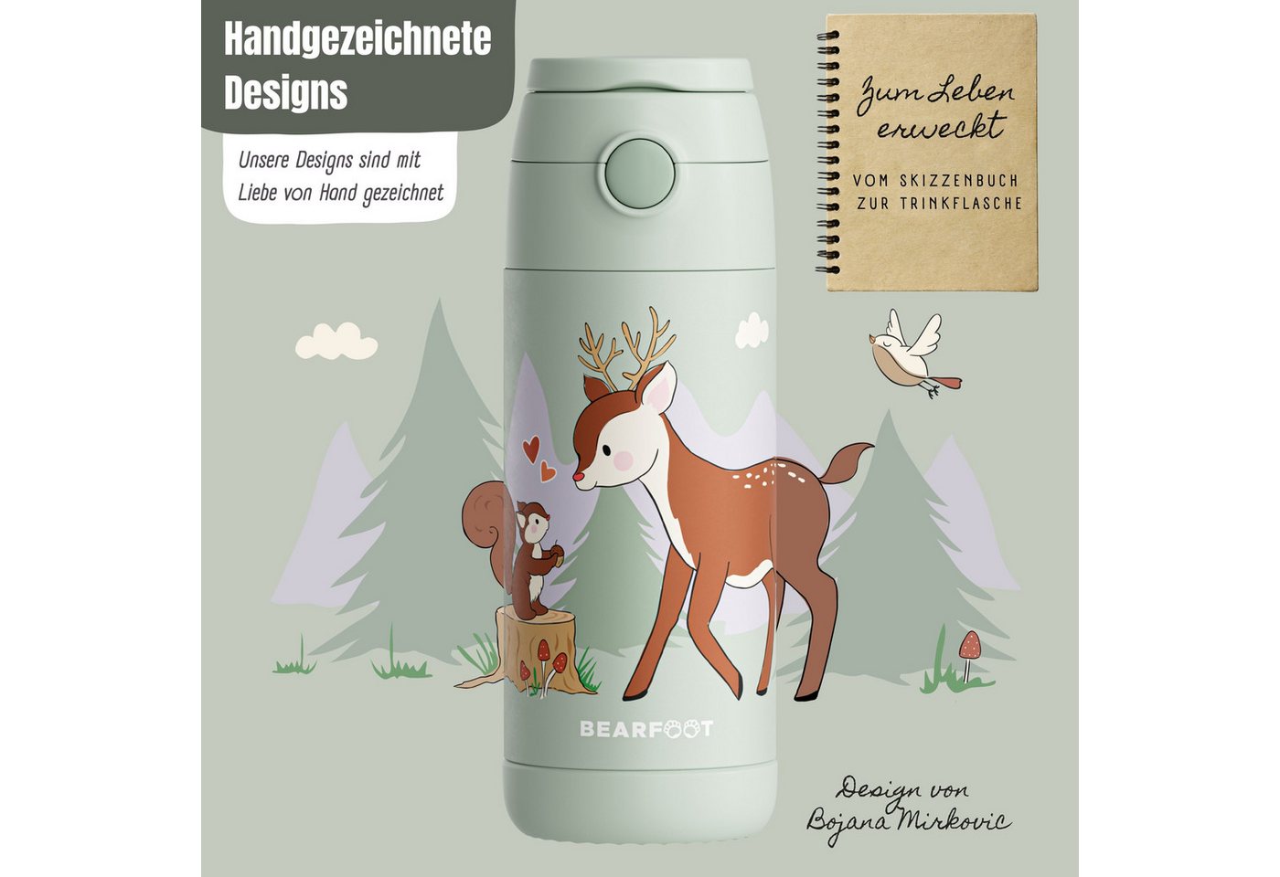 BEARFOOT Trinkflasche Thermo Kinder Trinkflasche Edelstahl - Reh grün, Thermosflasche, auslaufsicher, Edelstahl, Kinderflasche, BPA-frei Bild 2