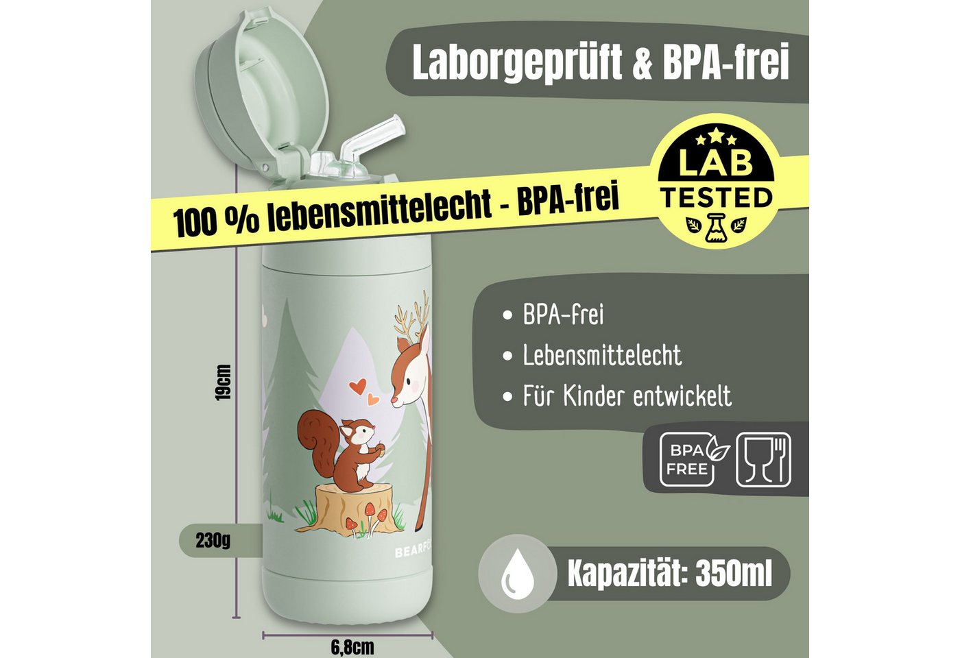 BEARFOOT Trinkflasche Thermo Kinder Trinkflasche Edelstahl - Reh grün, Thermosflasche, auslaufsicher, Edelstahl, Kinderflasche, BPA-frei Bild 4