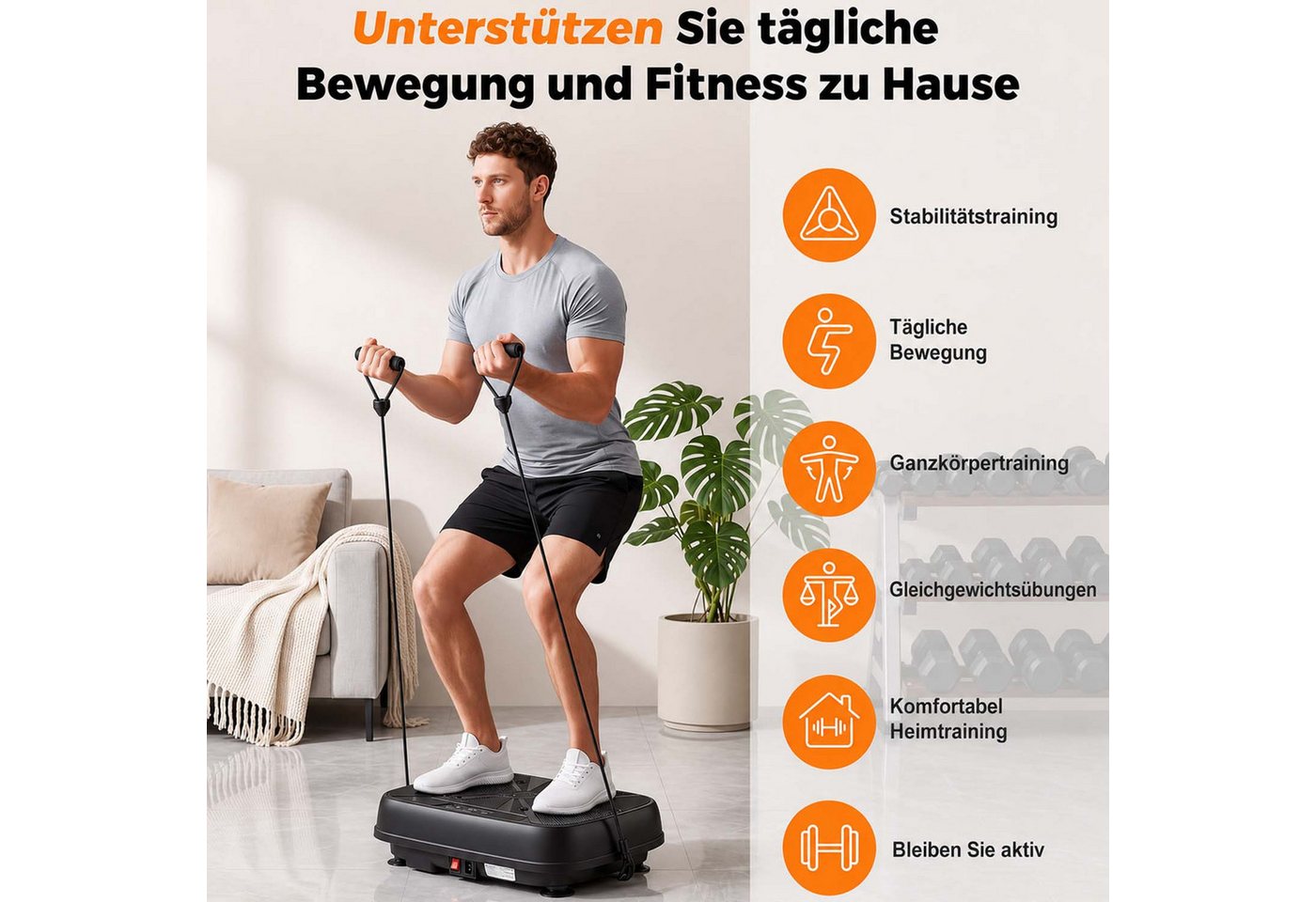 kehot Vibrationsplatte Leise und Kompakte Vibrationsplatte für Körperformung,Entspannung, 200 W, 99 Intensitätsstufen, Fitnessgeräte für Ganzkörpertraining mit Trainingsbänder, LED-Display Bild 2